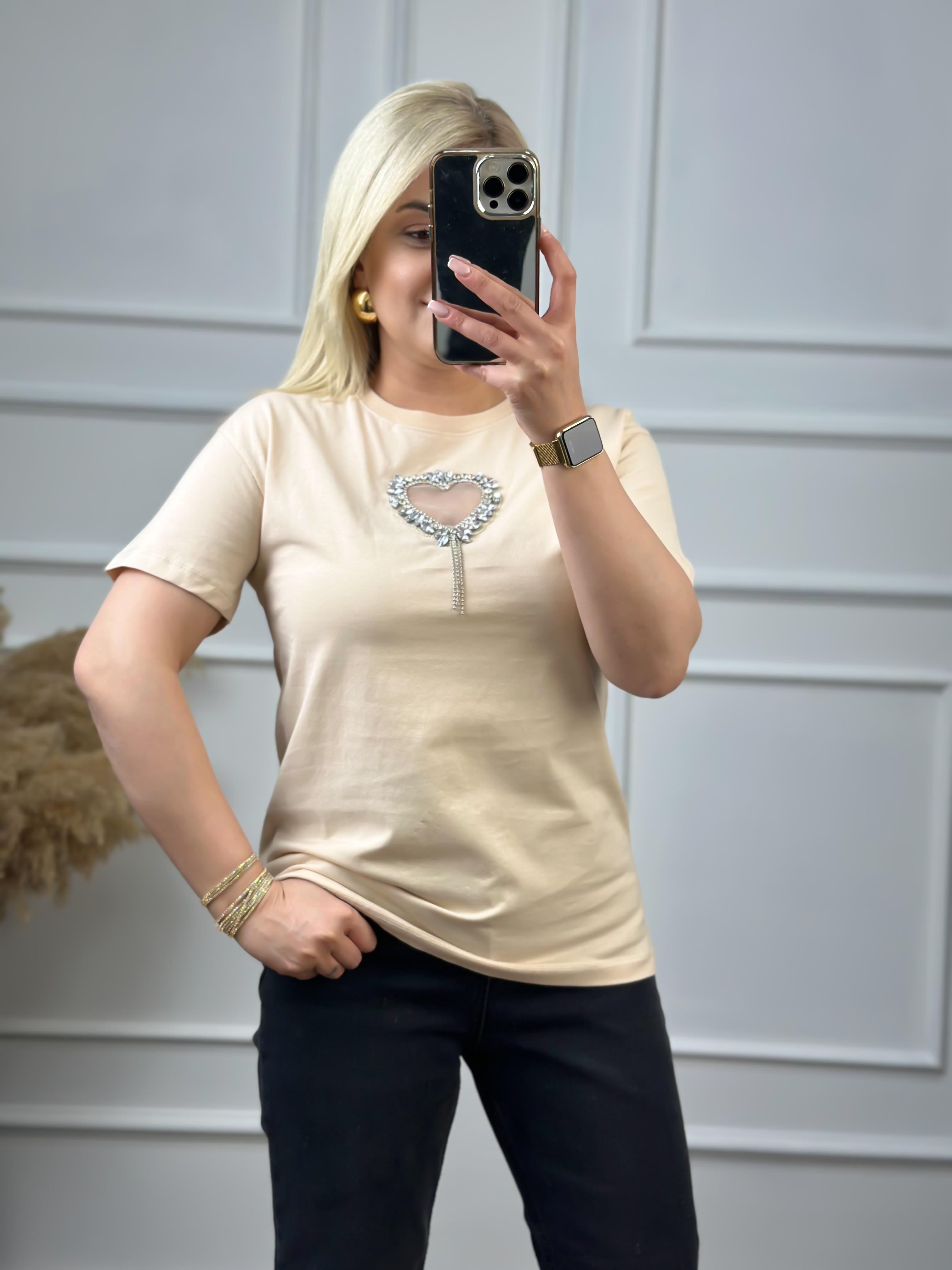 Önü Açık Kalpli Taşlı Tshirt BEJ-23YUST000050