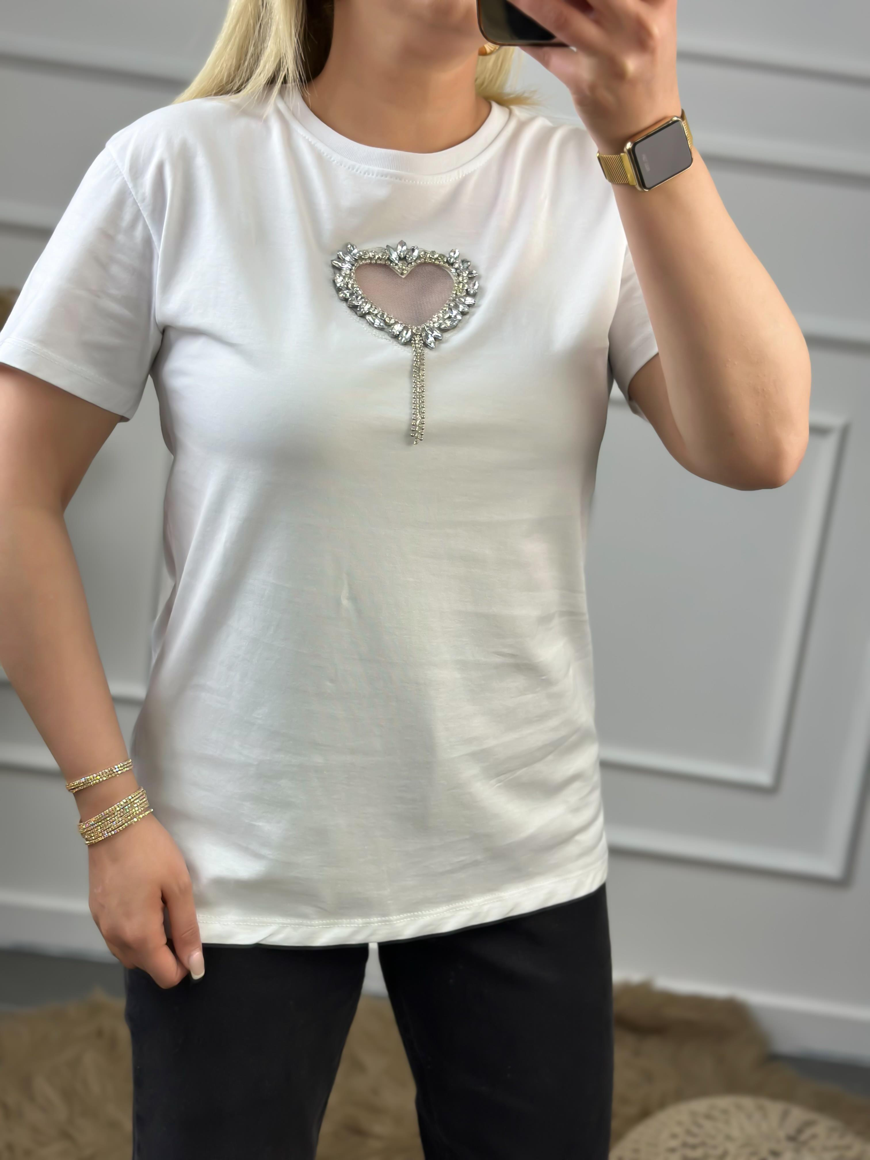 Önü Açık Kalpli Taşlı Tshirt BEYAZ-23YUST000050