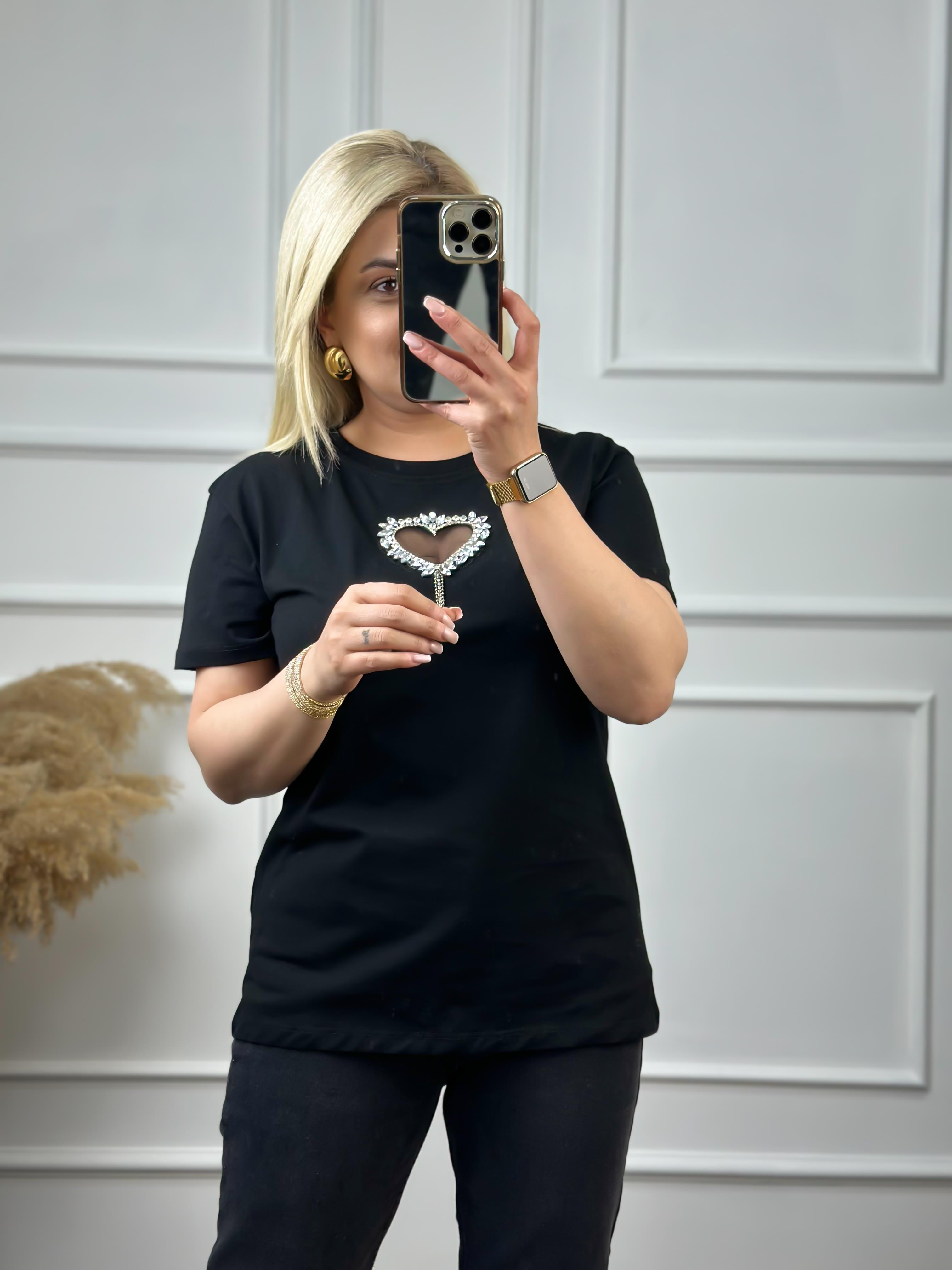 Önü Açık Kalpli Taşlı Tshirt SİYAH-23YUST000050