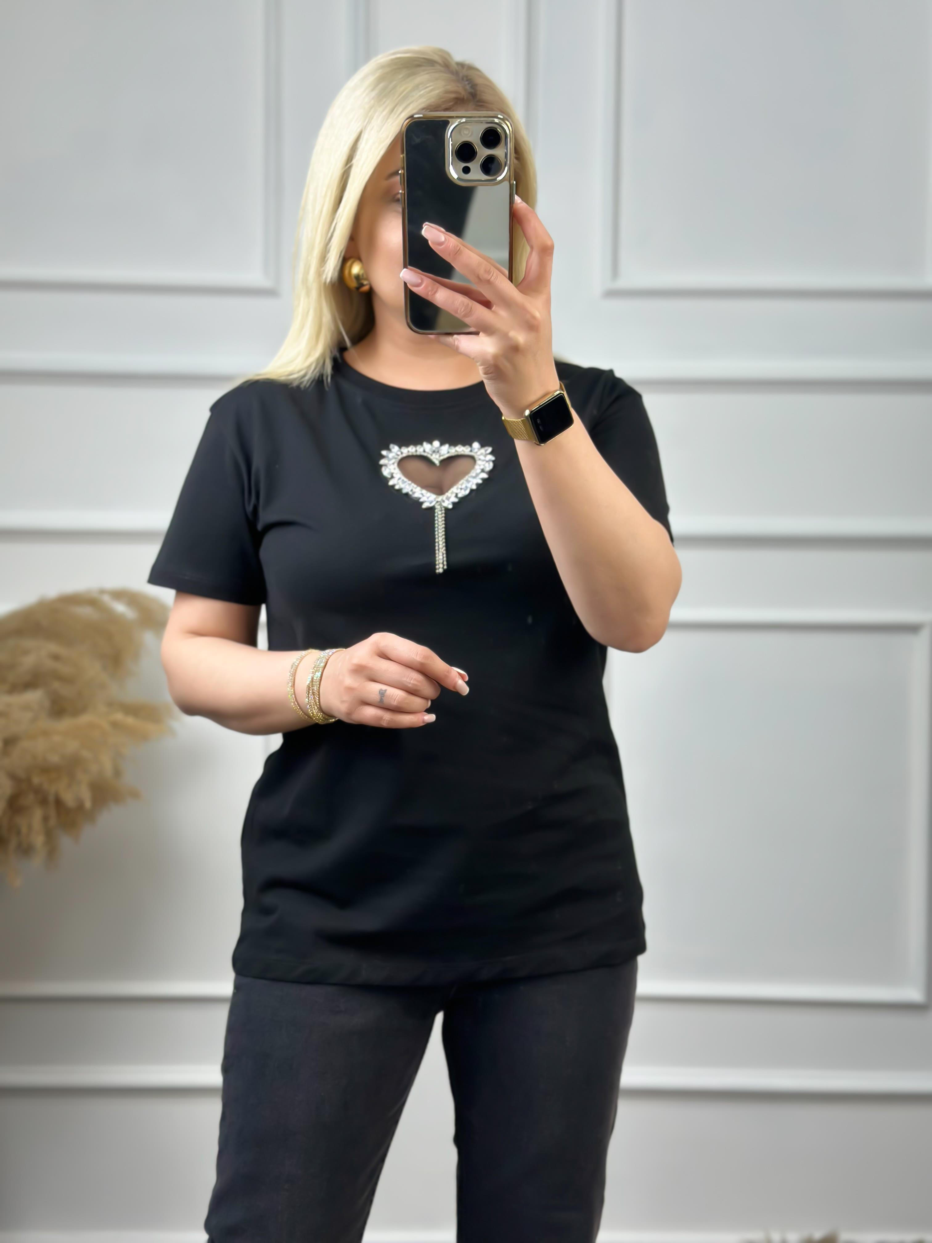 Önü Açık Kalpli Taşlı Tshirt SİYAH-23YUST000050