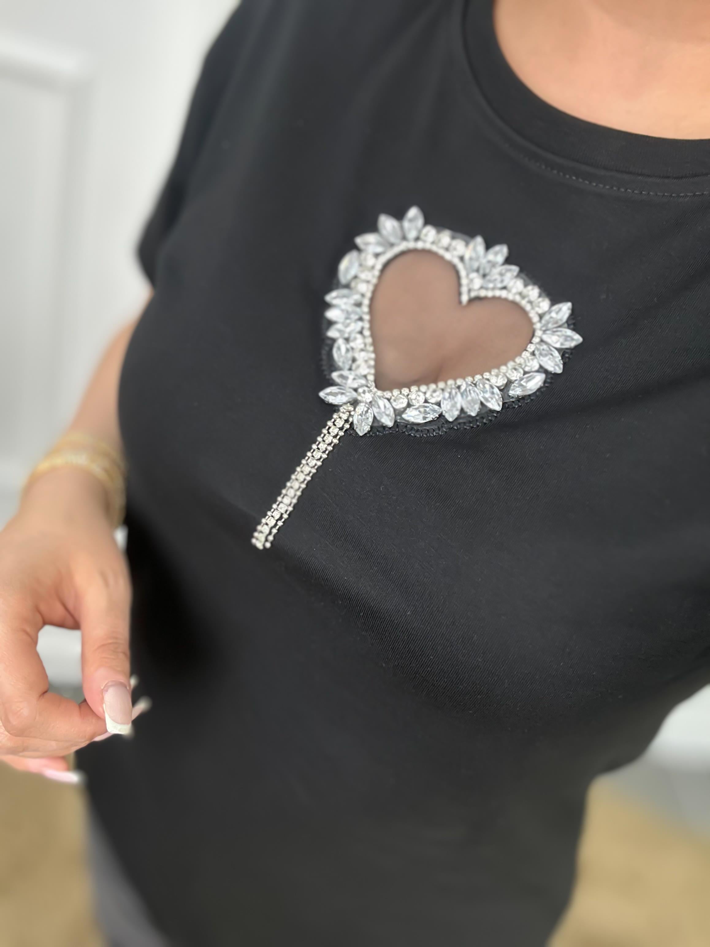 Önü Açık Kalpli Taşlı Tshirt SİYAH-23YUST000050