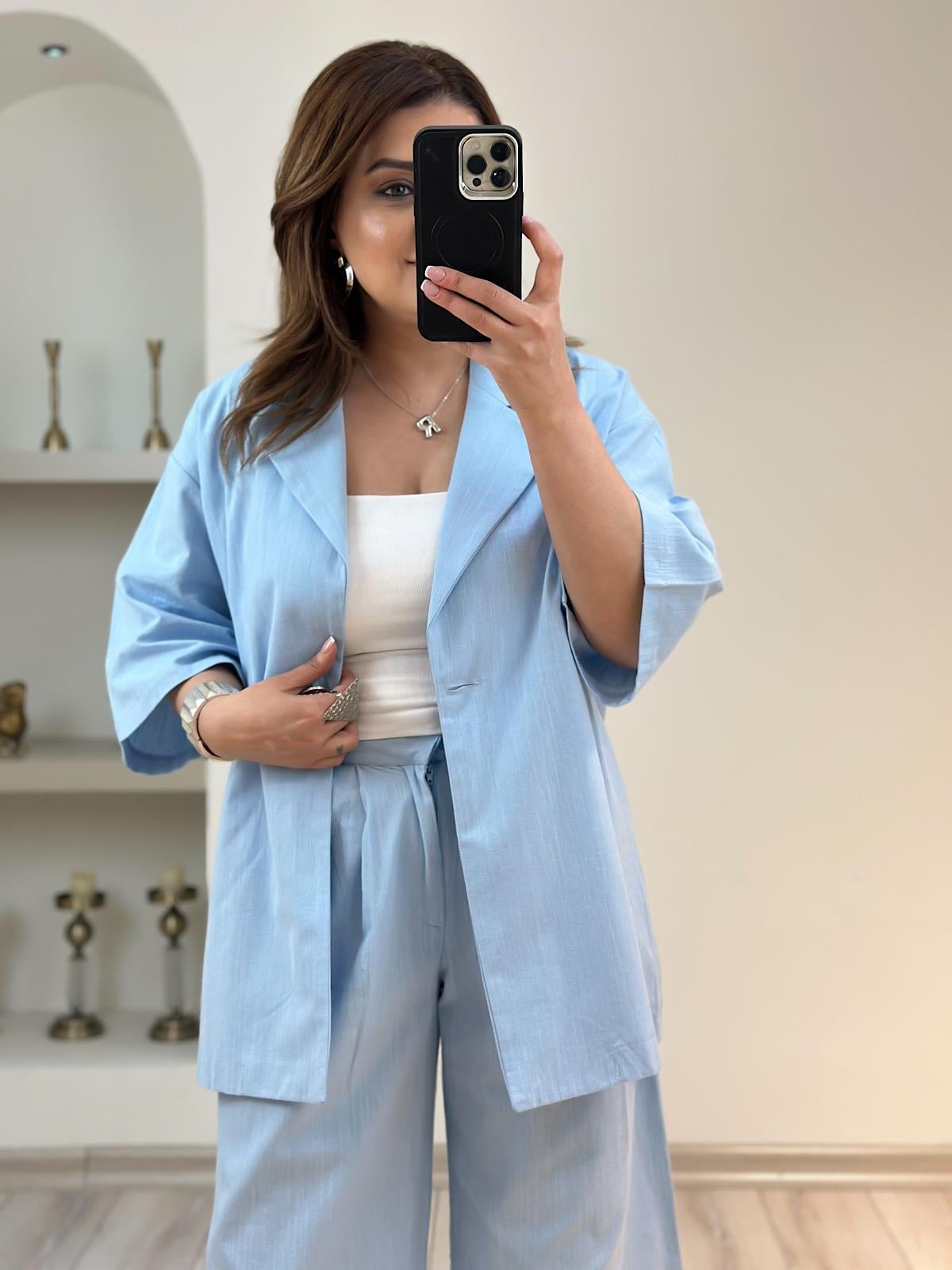 Önü Düğmeli Ceket Pantolon Keten Takım BEBE MAVİ-23YUST000182