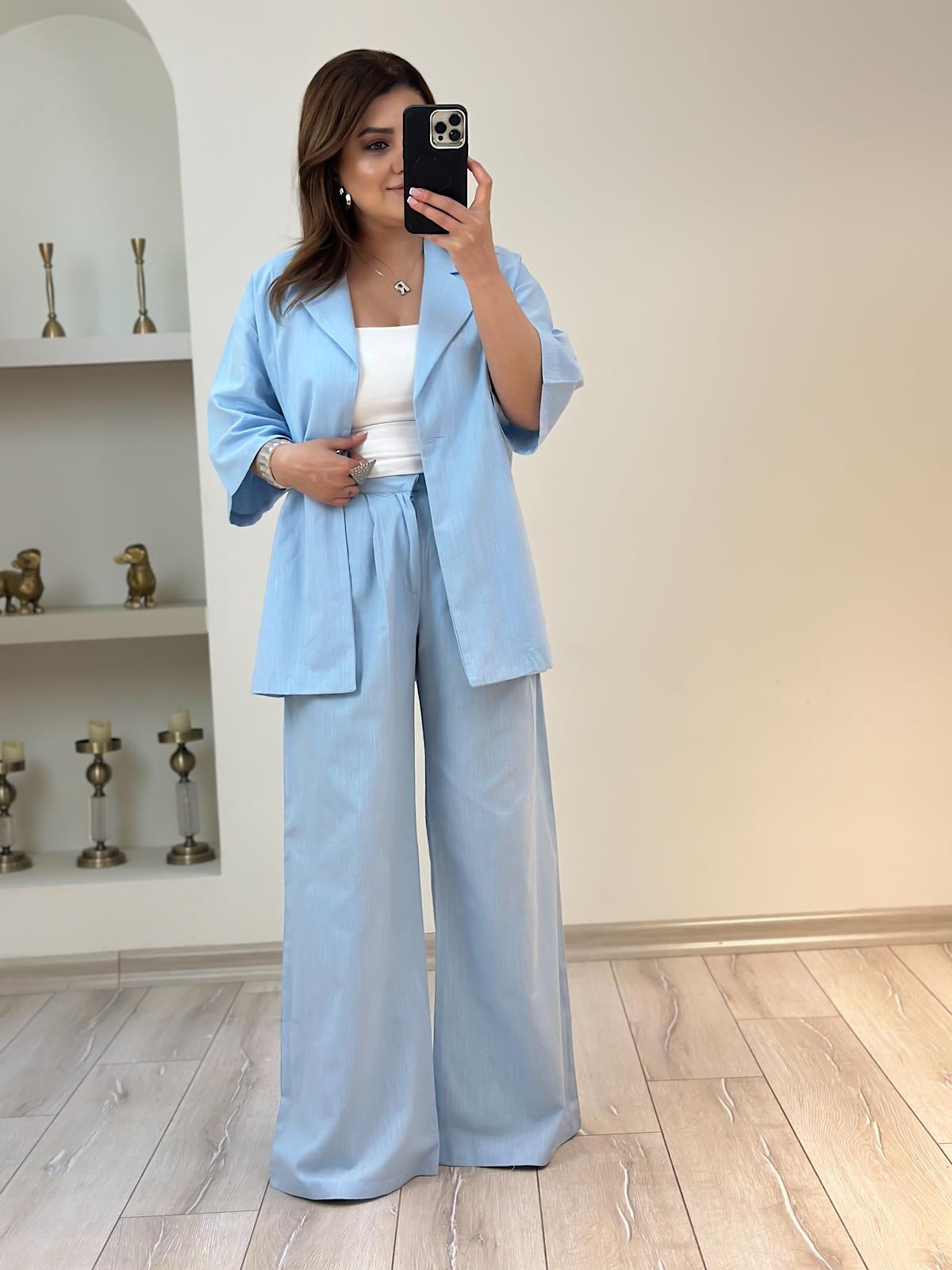 Önü Düğmeli Ceket Pantolon Keten Takım BEBE MAVİ-23YUST000182