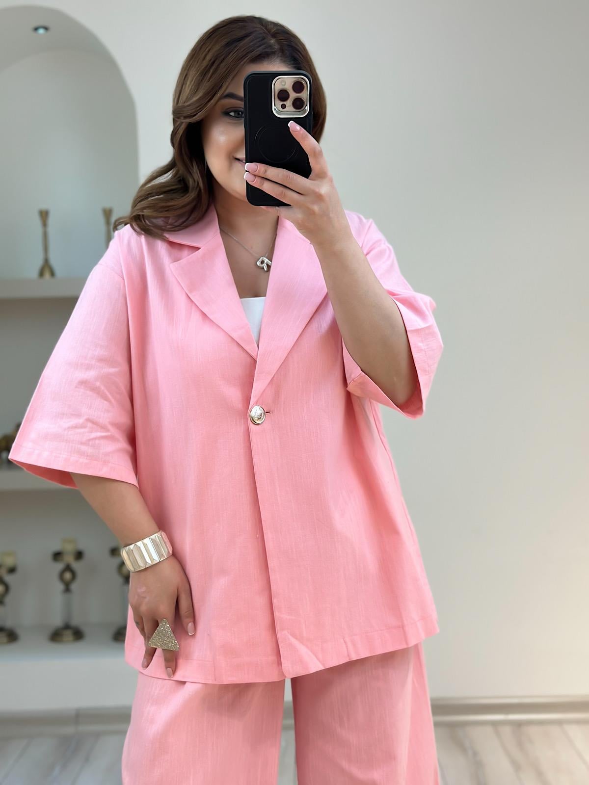 Önü Düğmeli Ceket Pantolon Keten Takım PEMBE-23YUST000182
