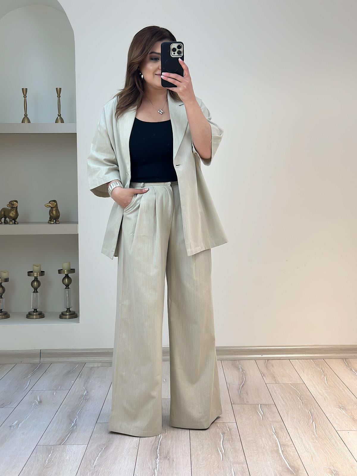 Önü Düğmeli Ceket Pantolon Keten Takım BEJ-23YUST000182