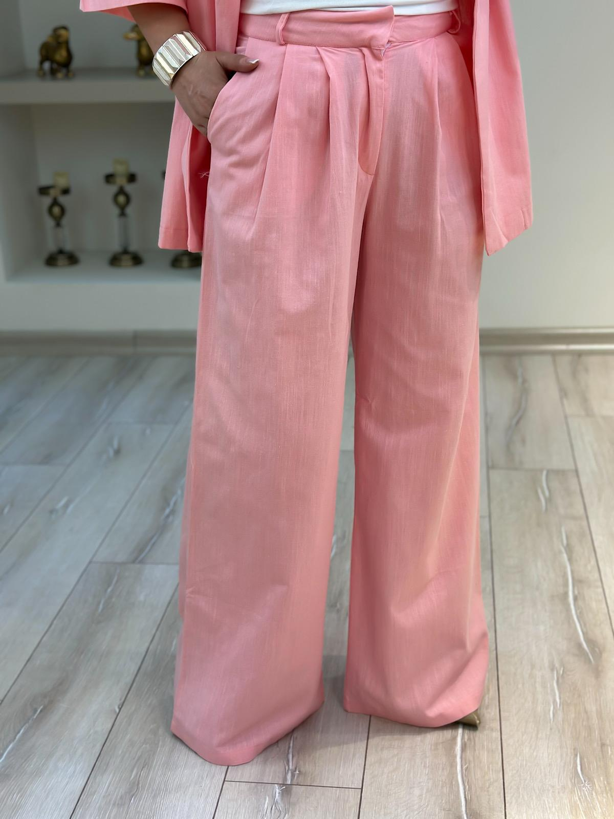 Önü Düğmeli Ceket Pantolon Keten Takım PEMBE-23YUST000182