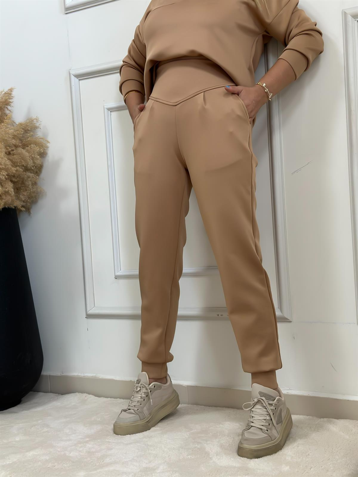 Önü Düz Kemerli Scuba Pantolon CAMEL-23MeALT00019