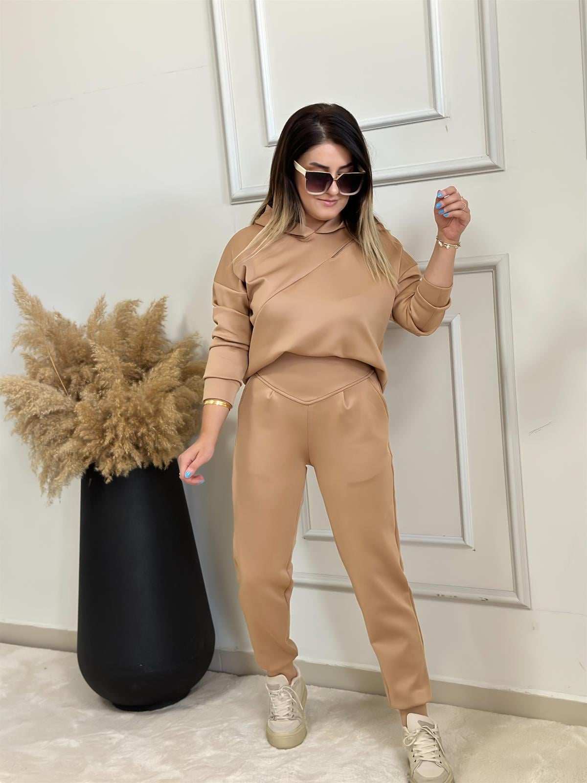 Önü Düz Kemerli Scuba Pantolon CAMEL-23MeALT00019