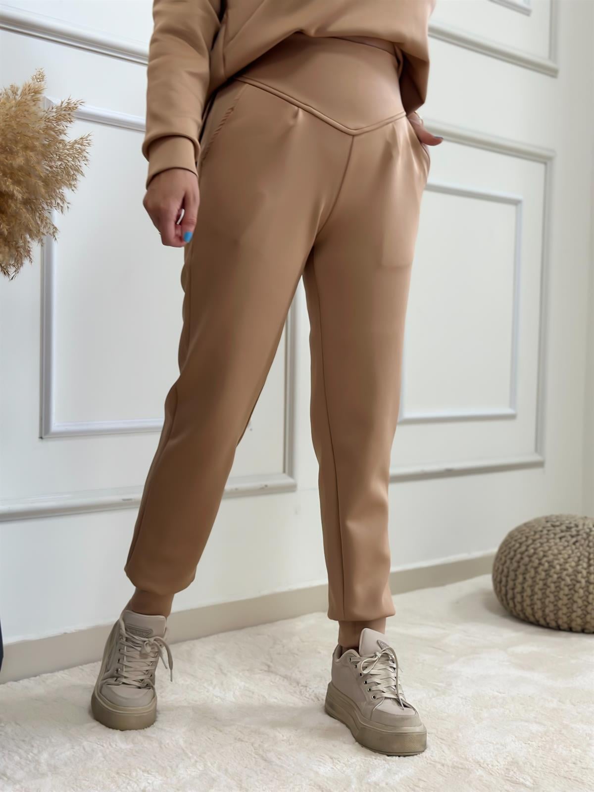 Önü Düz Kemerli Scuba Pantolon CAMEL-23MeALT00019