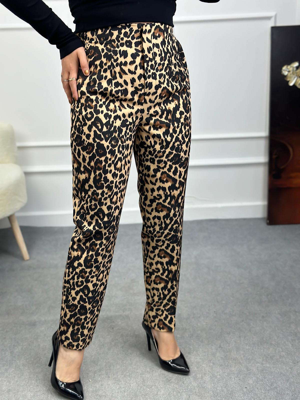 Önü Flotalı Leopar Desen Kumaş Pantolon SİYAH-23MeALT00072