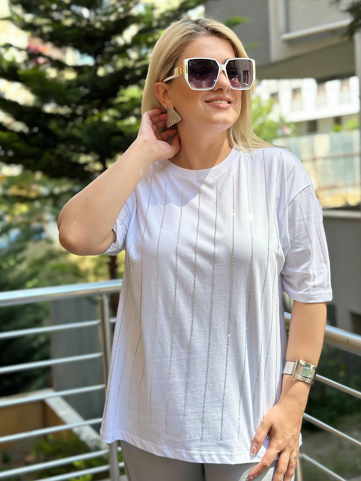 Önü Serpme Taşlı Tshırt BEYAZ-23YUST000124