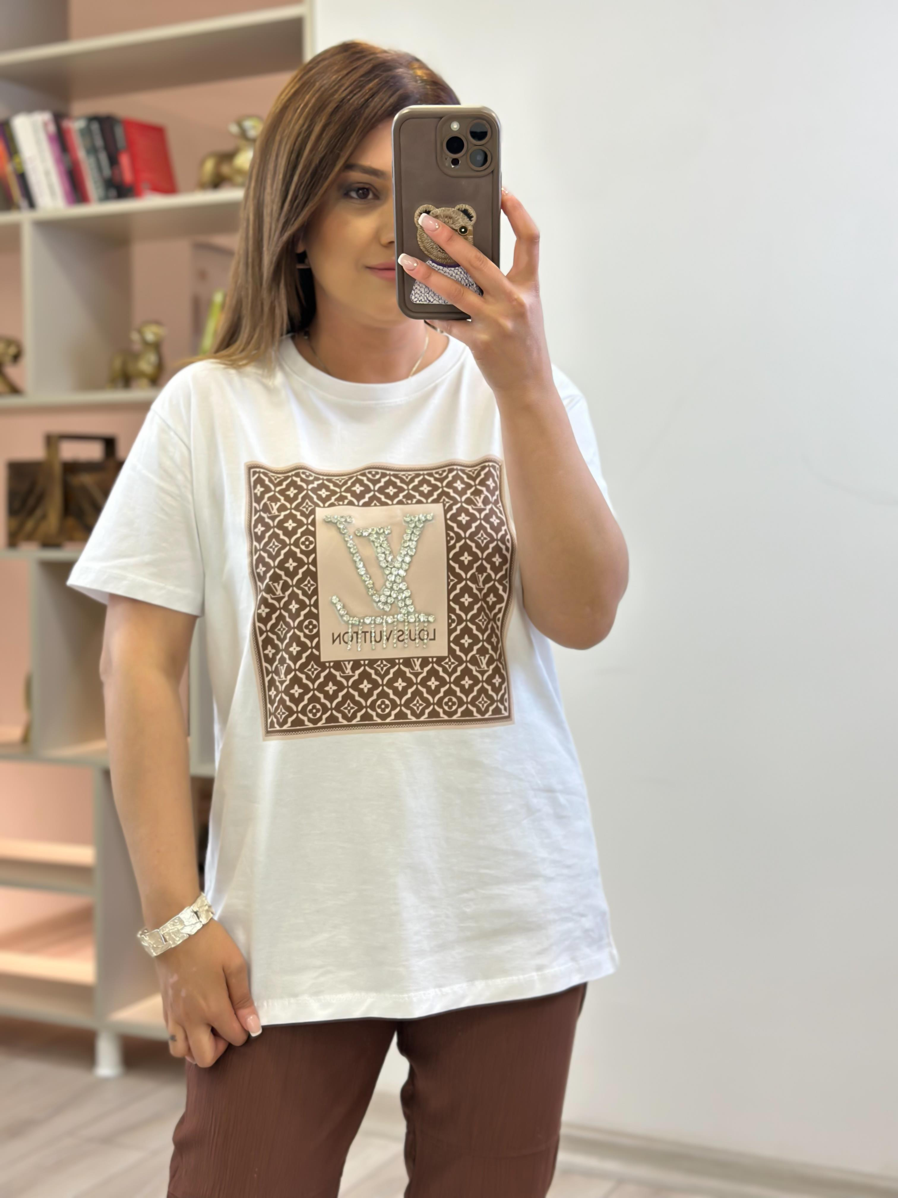 Orjinal Marka Taş Detaylı Tshirt BEYAZ-23YUST000226
