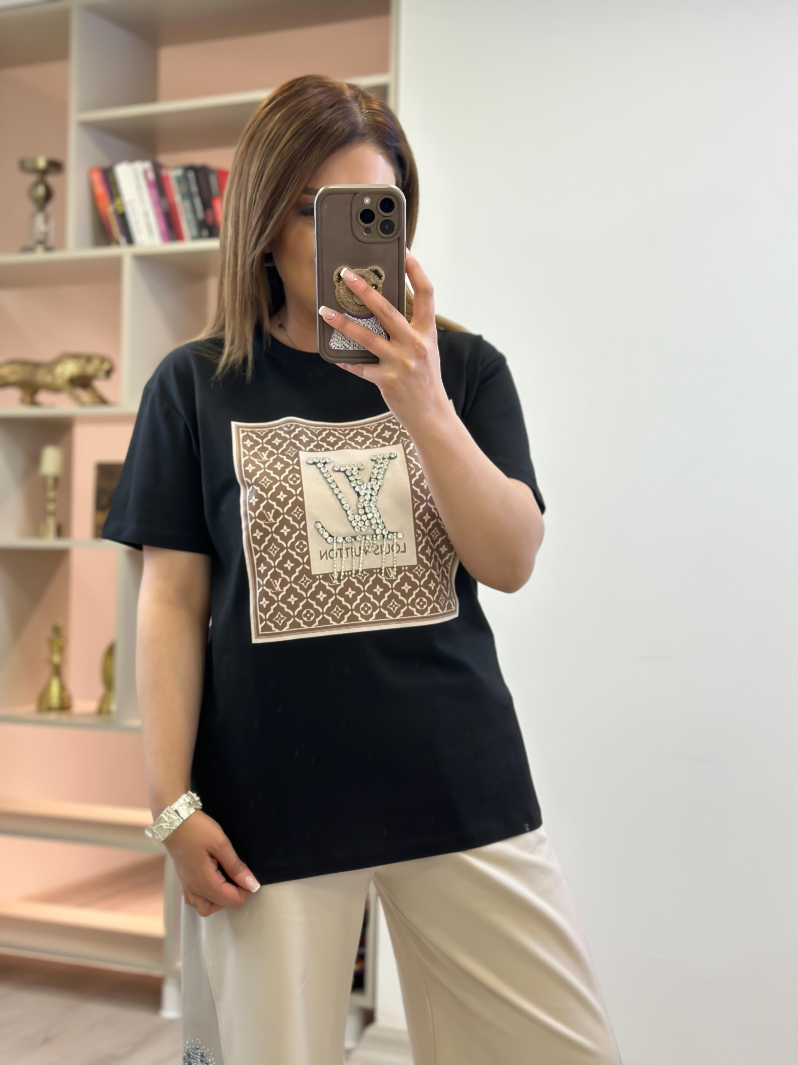 Orjinal Marka Taş Detaylı Tshirt SİYAH-23YUST000226