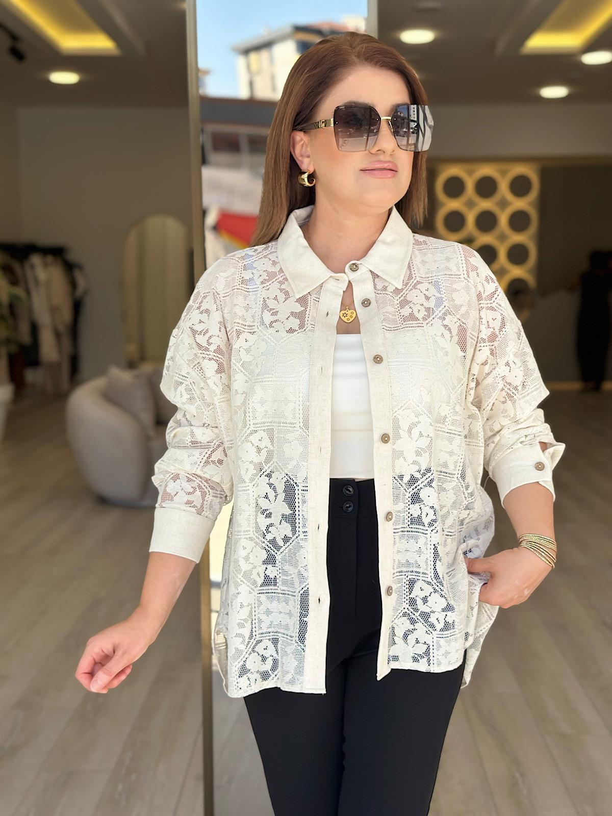 Oversize Dantel Gömlek KREM-23YUST000241