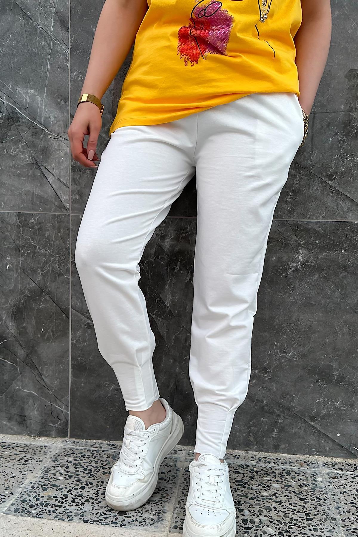 Paçası Pileli Alt Eşofman BEYAZ-23MeALT00010