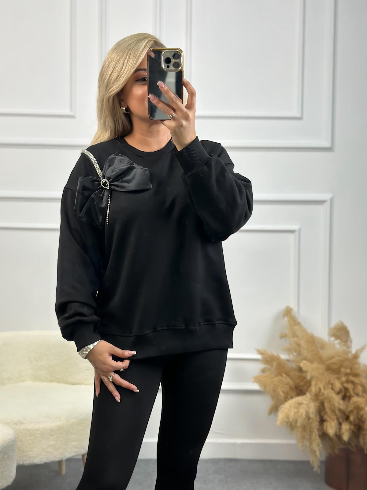 Papyon Detaylı Taş İşleme Bisiklet Yaka Oversize Sweatshirt SİYAH-23YUST000138