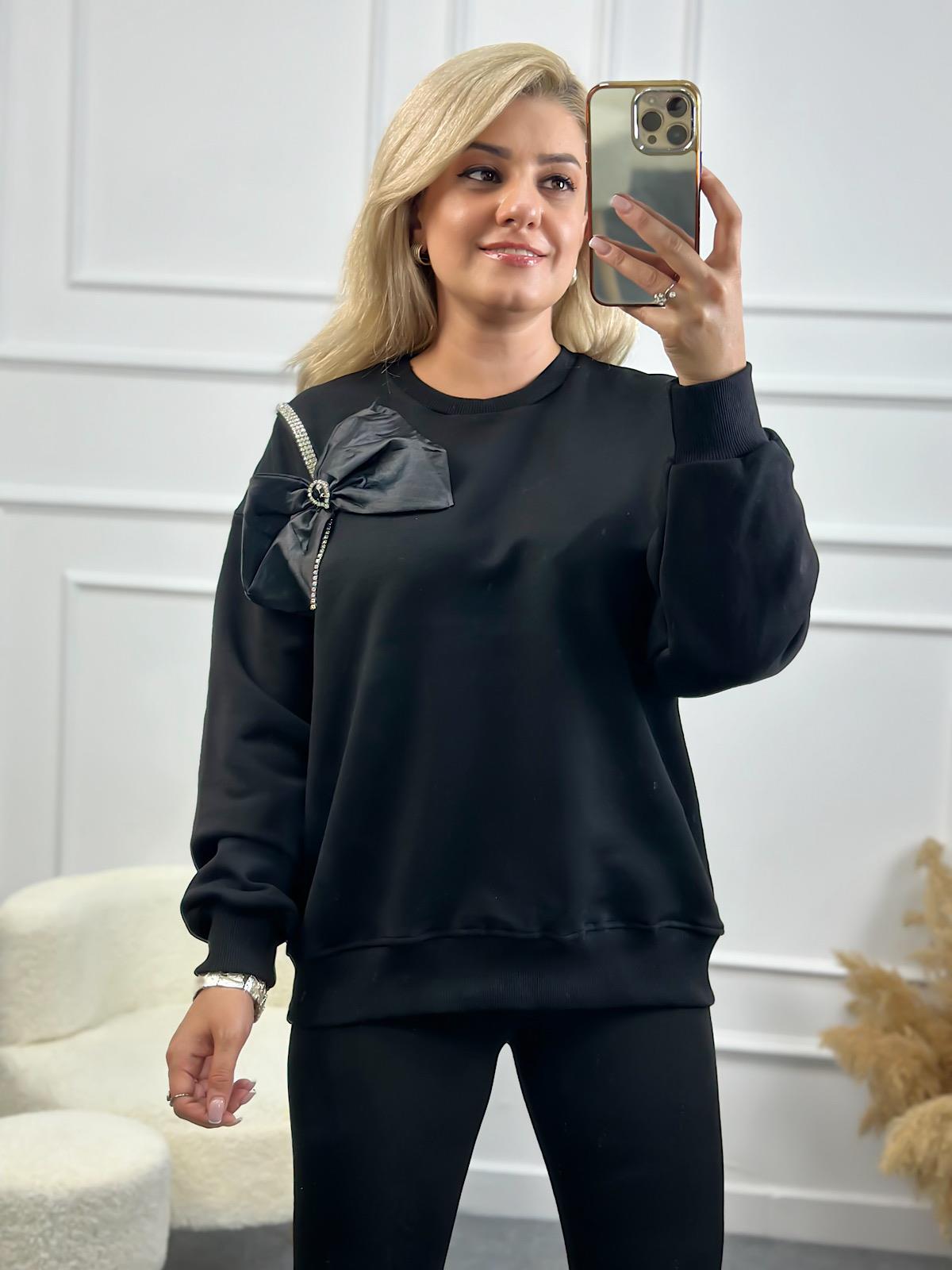 Papyon Detaylı Taş İşleme Bisiklet Yaka Oversize Sweatshirt SİYAH-23YUST000138