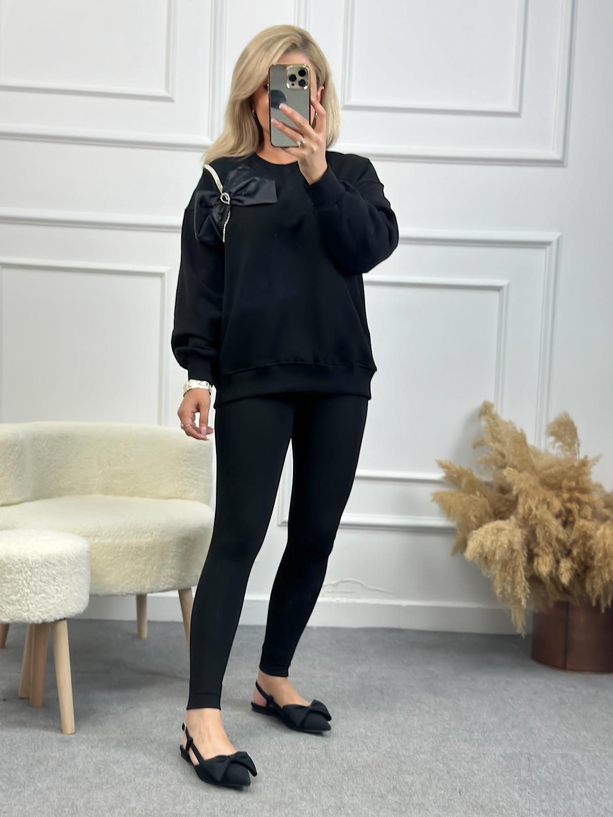Papyon Detaylı Taş İşleme Bisiklet Yaka Oversize Sweatshirt SİYAH-23YUST000138
