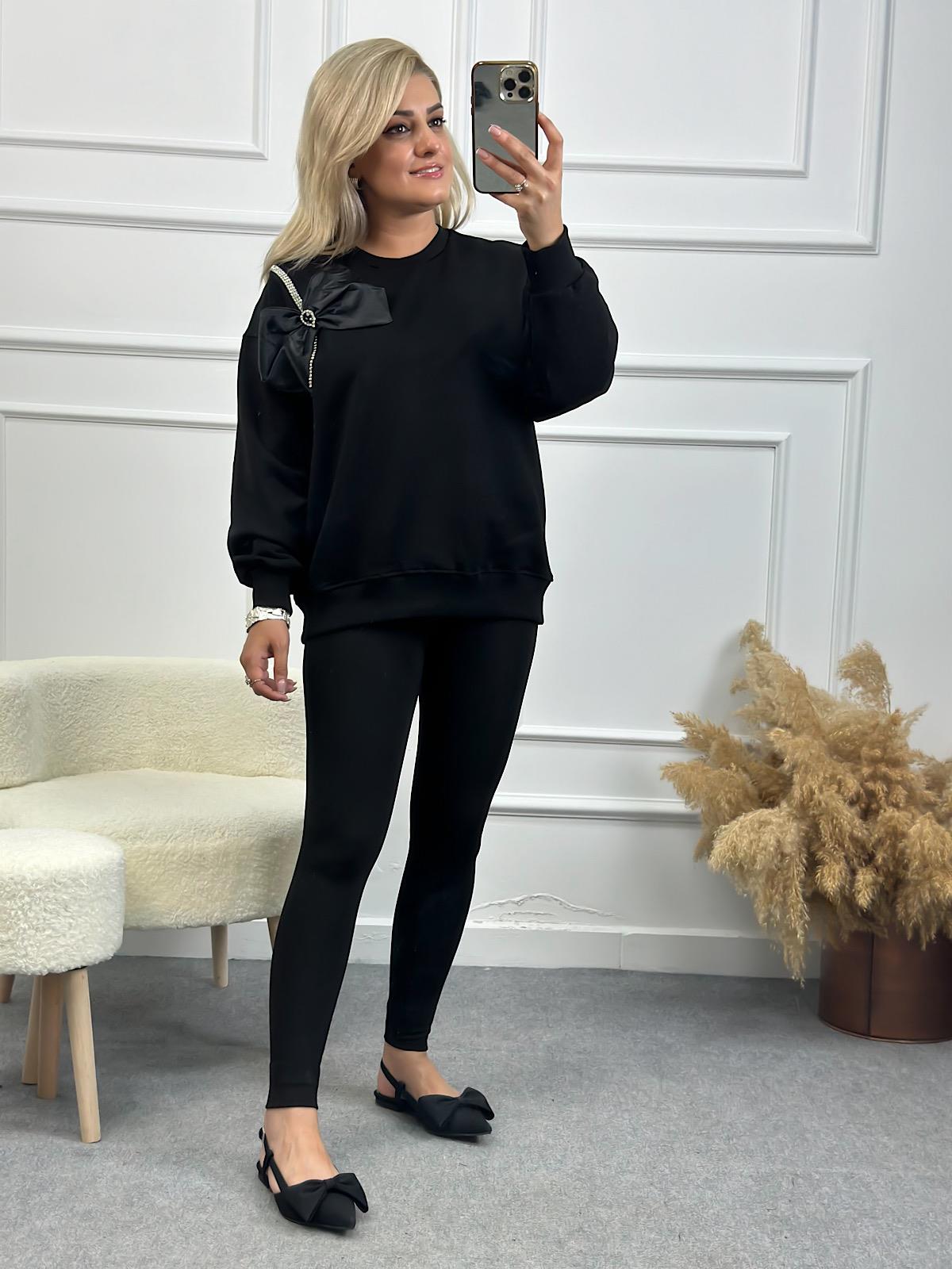 Papyon Detaylı Taş İşleme Bisiklet Yaka Oversize Sweatshirt SİYAH-23YUST000138