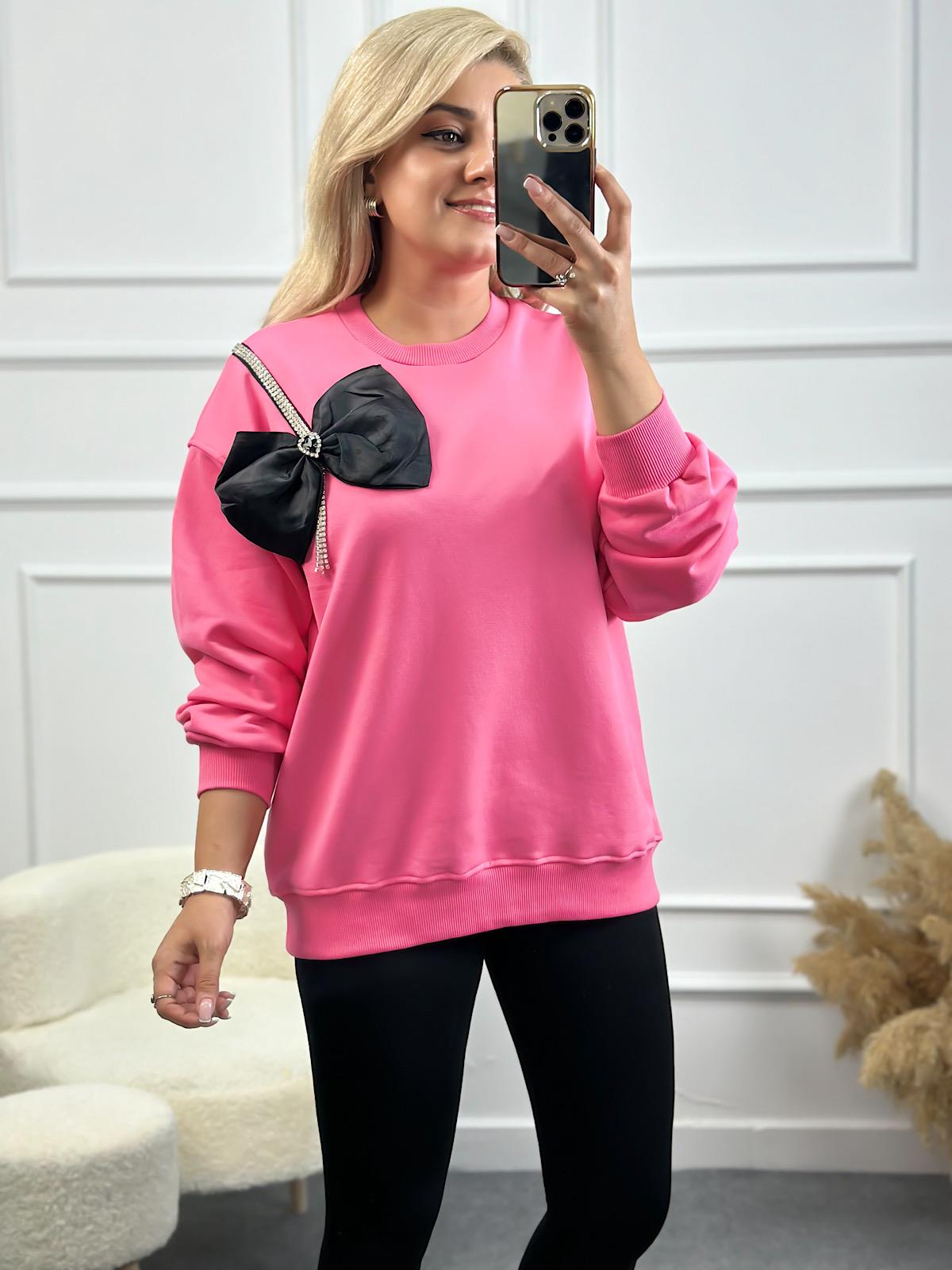 Papyon Detaylı Taş İşleme Bisiklet Yaka Oversize Sweatshirt PEMBE-23YUST000138