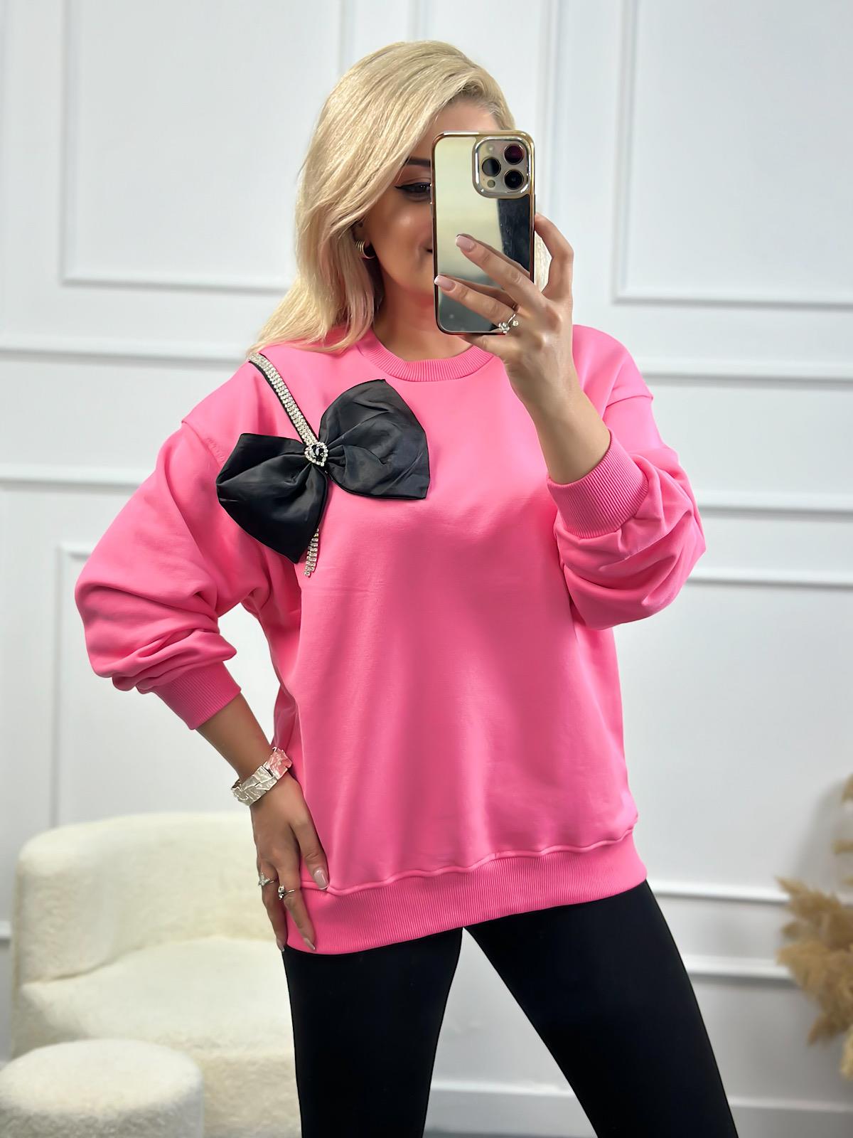 Papyon Detaylı Taş İşleme Bisiklet Yaka Oversize Sweatshirt PEMBE-23YUST000138