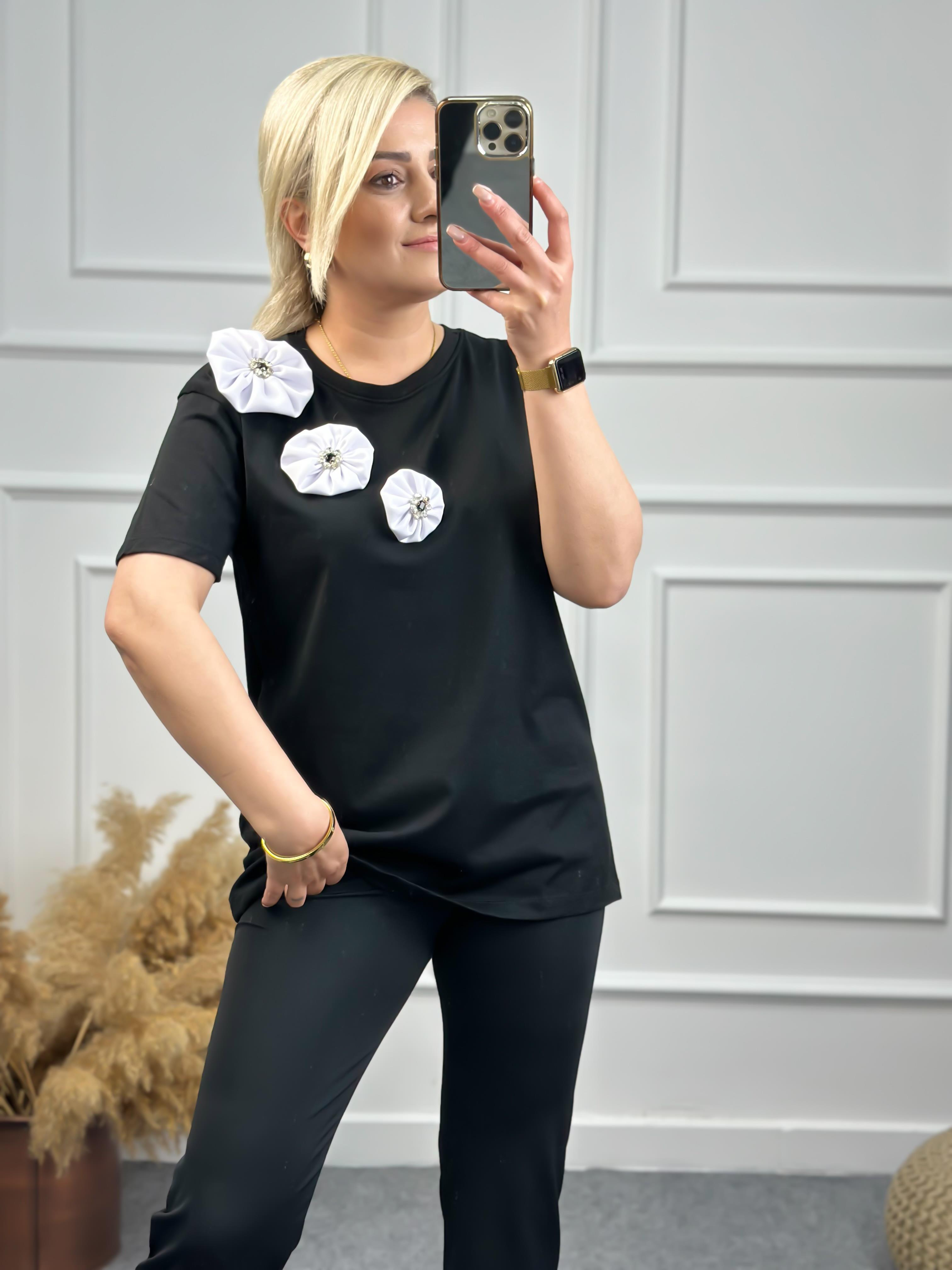 Papyonlu Taşlı Tshirt SİYAH-23YUST000067