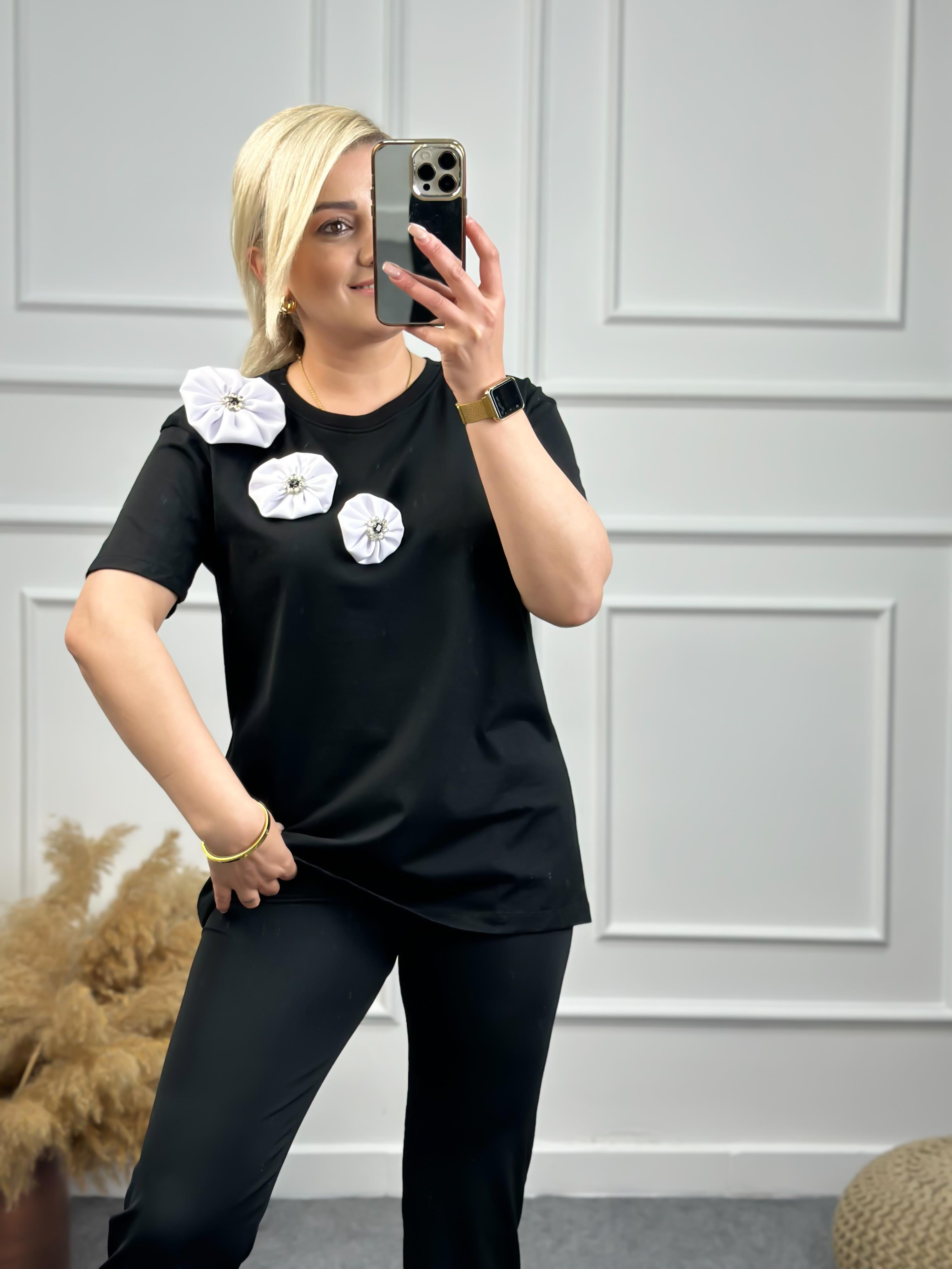 Papyonlu Taşlı Tshirt SİYAH-23YUST000067