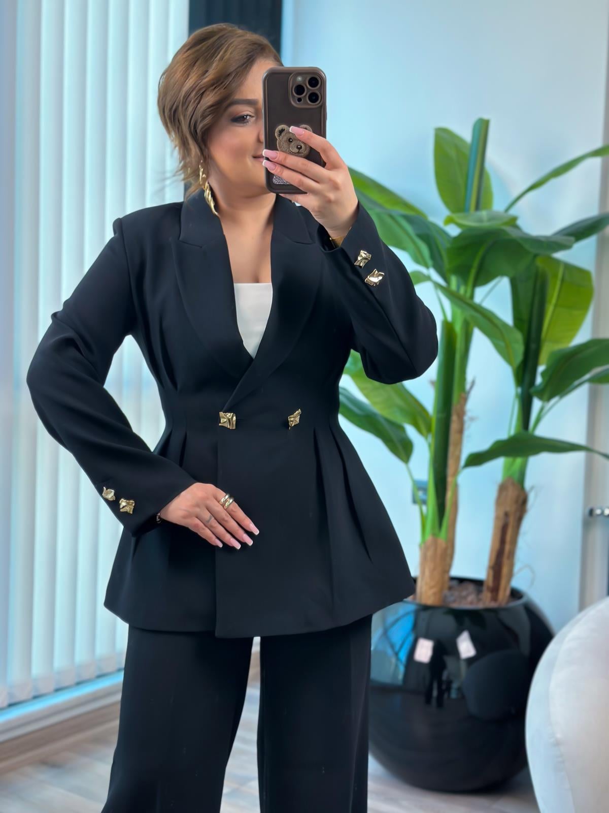 Pile Detaylı Slimfit Ceket Pantolon Takım SİYAH-23MeUST00149
