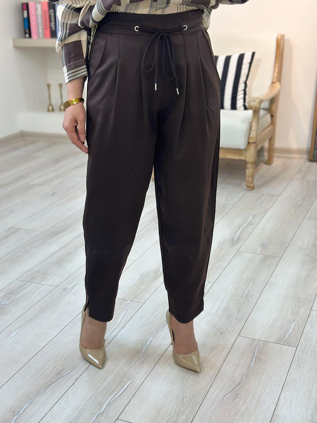 Pilise Detay Beli Lastikli  Havuç Pantolon KAHVE-23YALT000092