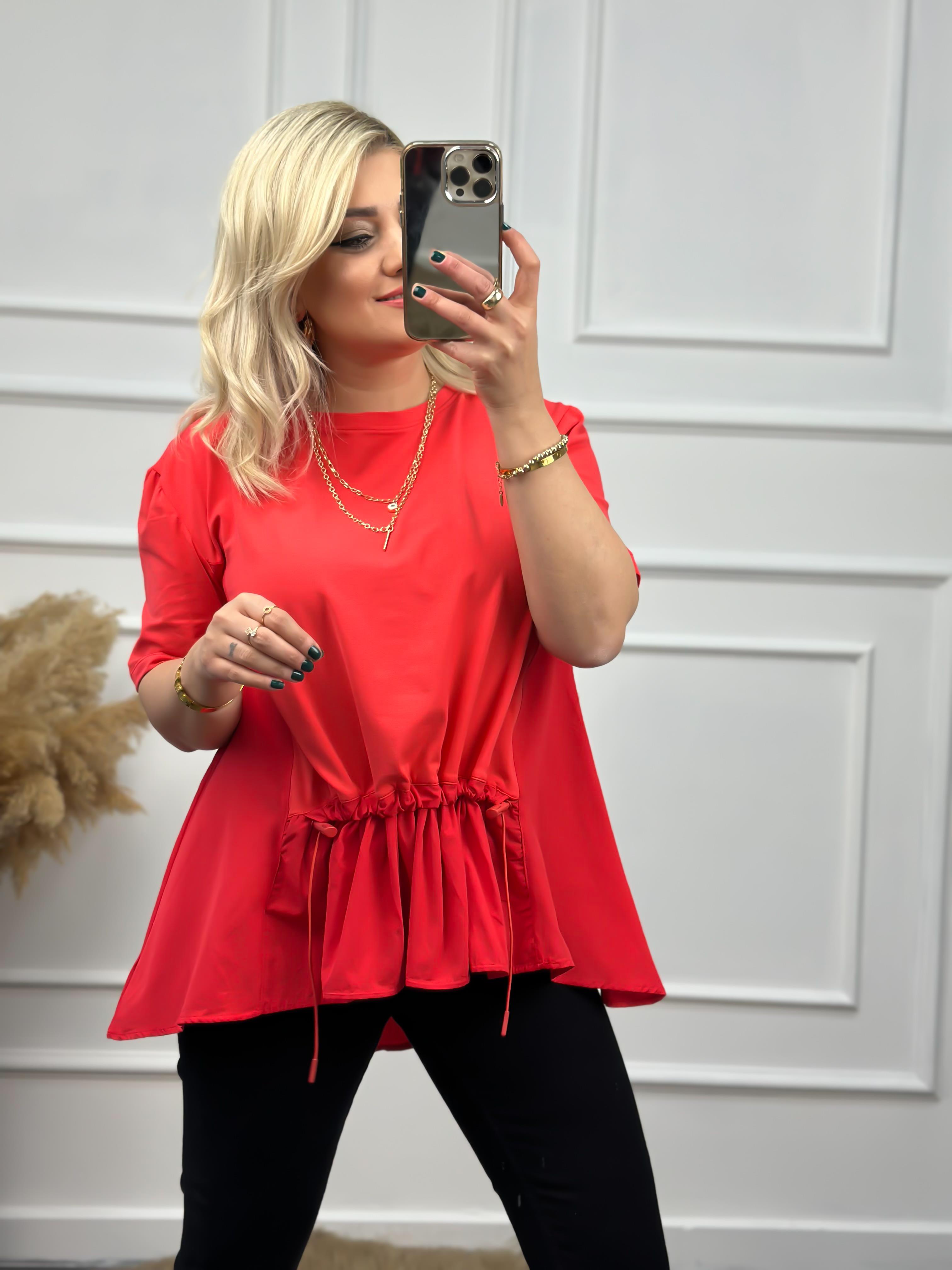 Poplin Detaylı  Belli Lastikli Tshirt NAR ÇİÇEĞİ-23YUST000007