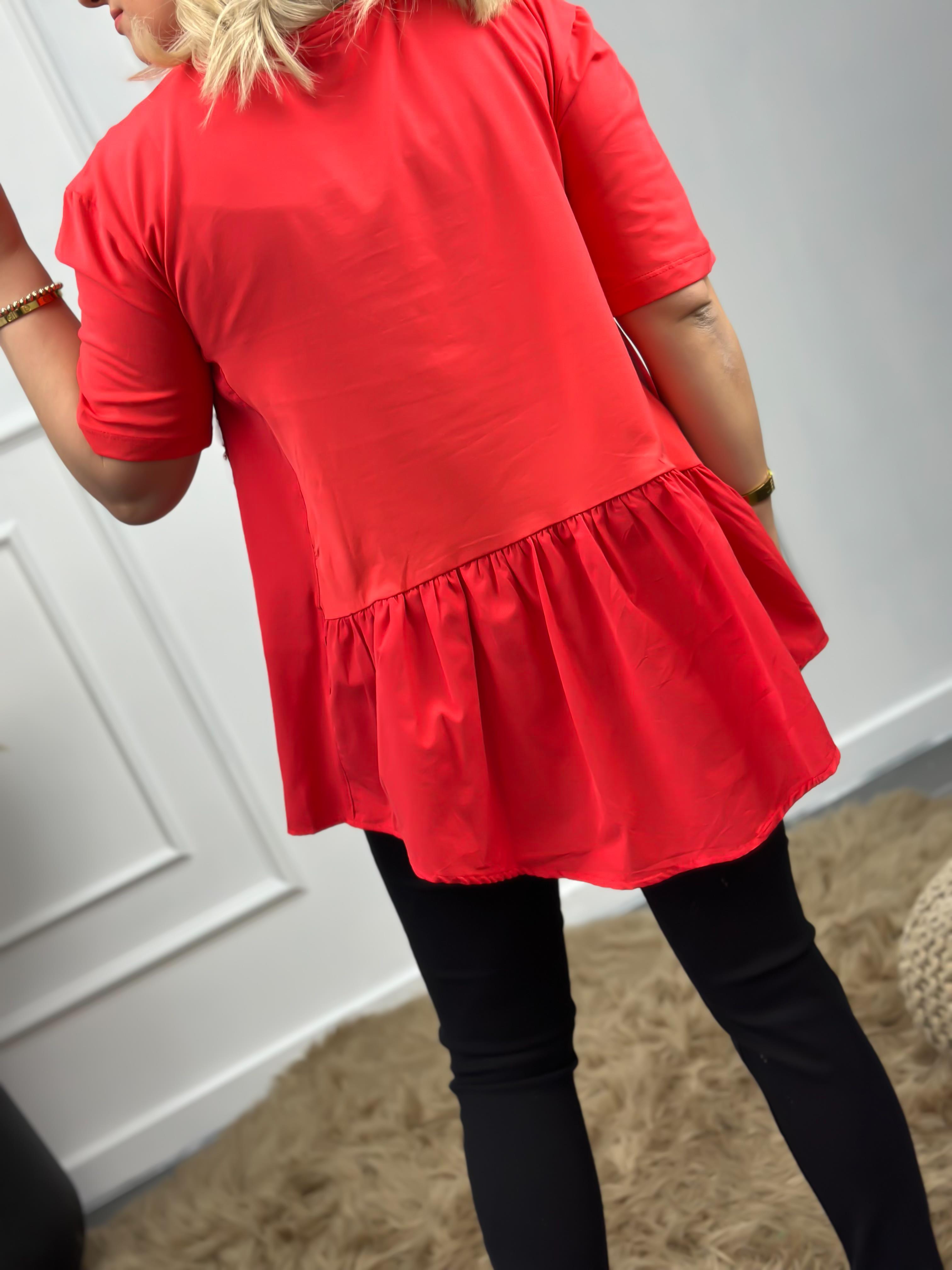 Poplin Detaylı  Belli Lastikli Tshirt NAR ÇİÇEĞİ-23YUST000007