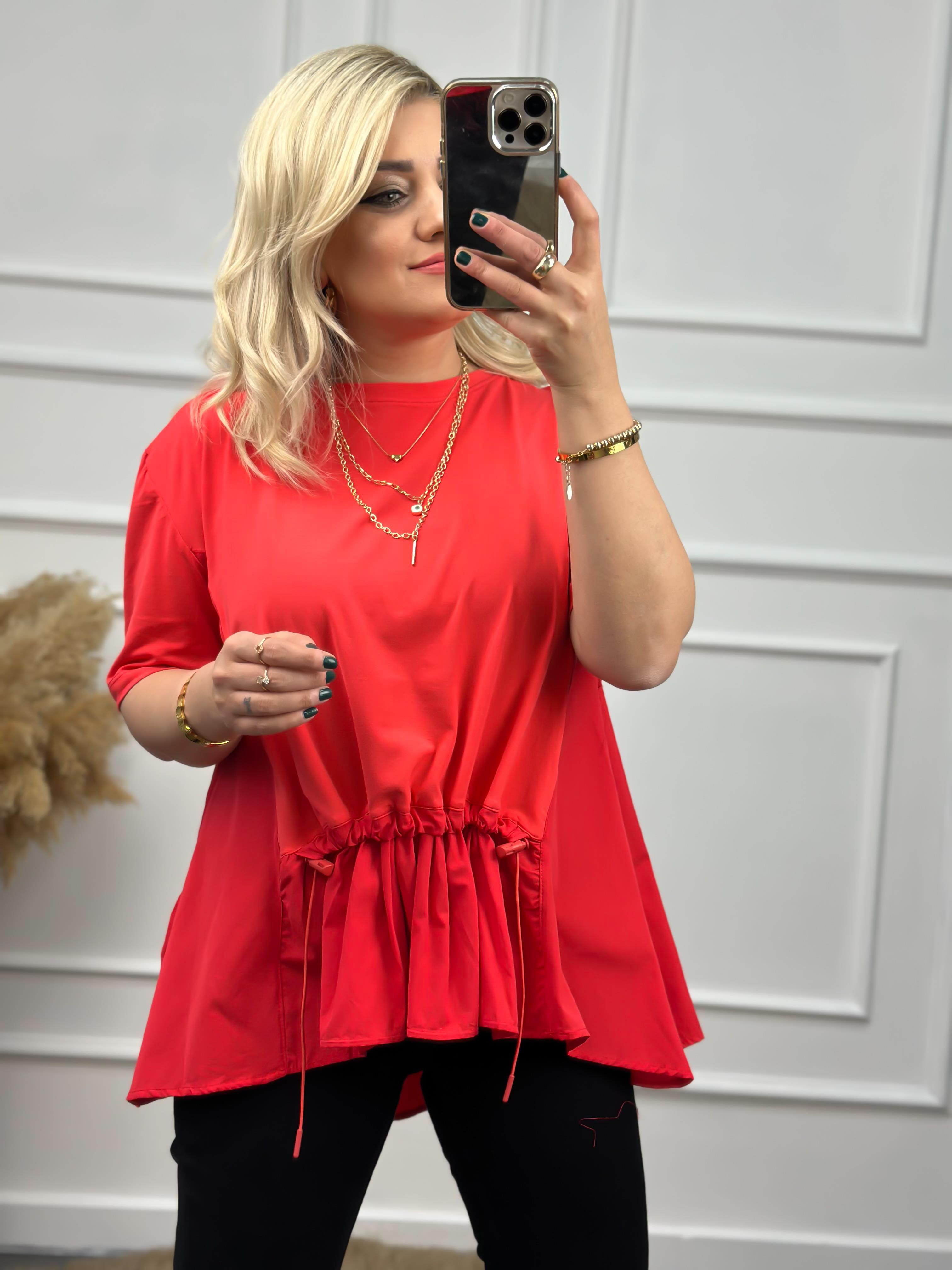 Poplin Detaylı  Belli Lastikli Tshirt NAR ÇİÇEĞİ-23YUST000007