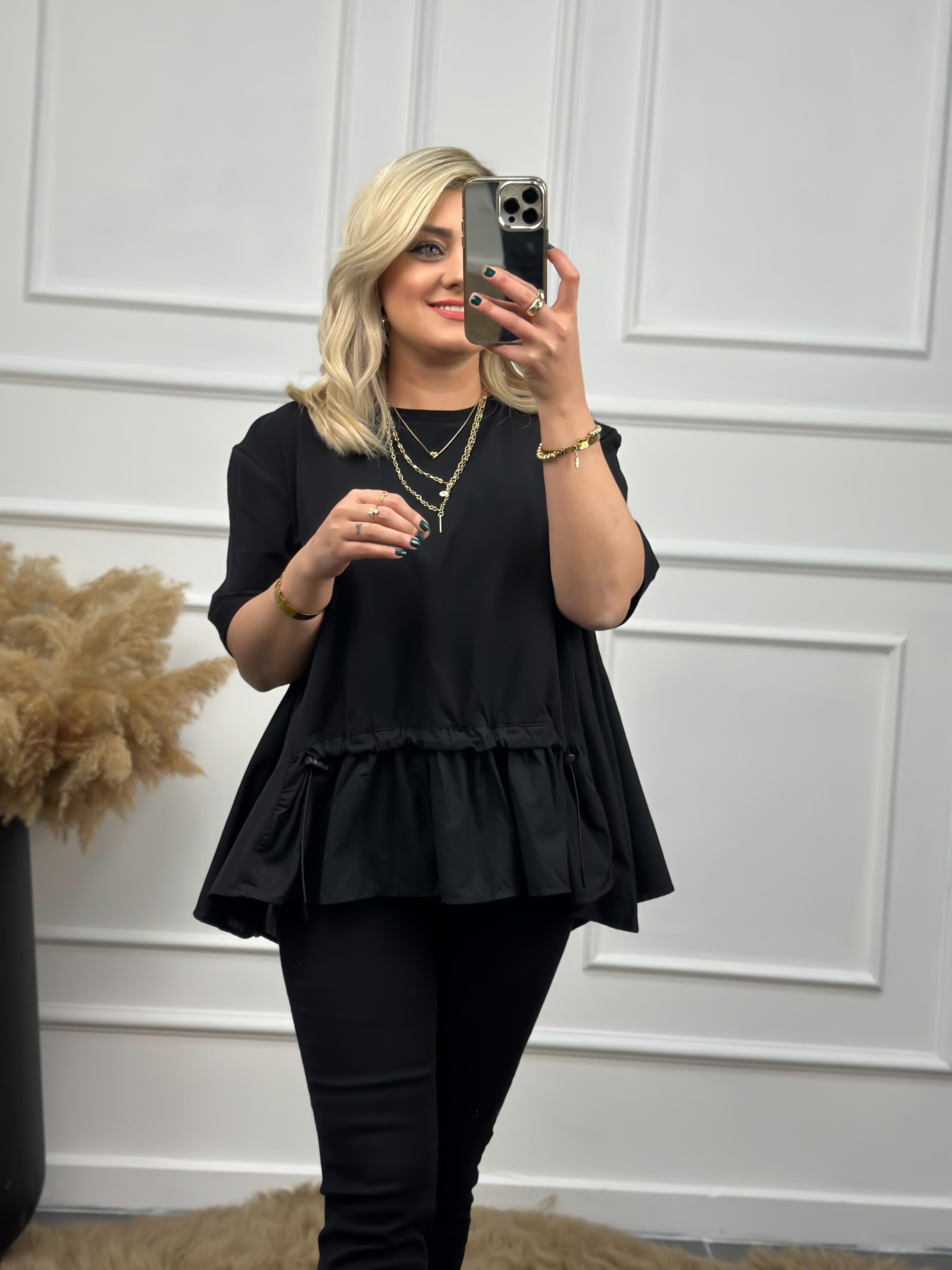Poplin Detaylı  Belli Lastikli Tshirt SİYAH-23YUST000007