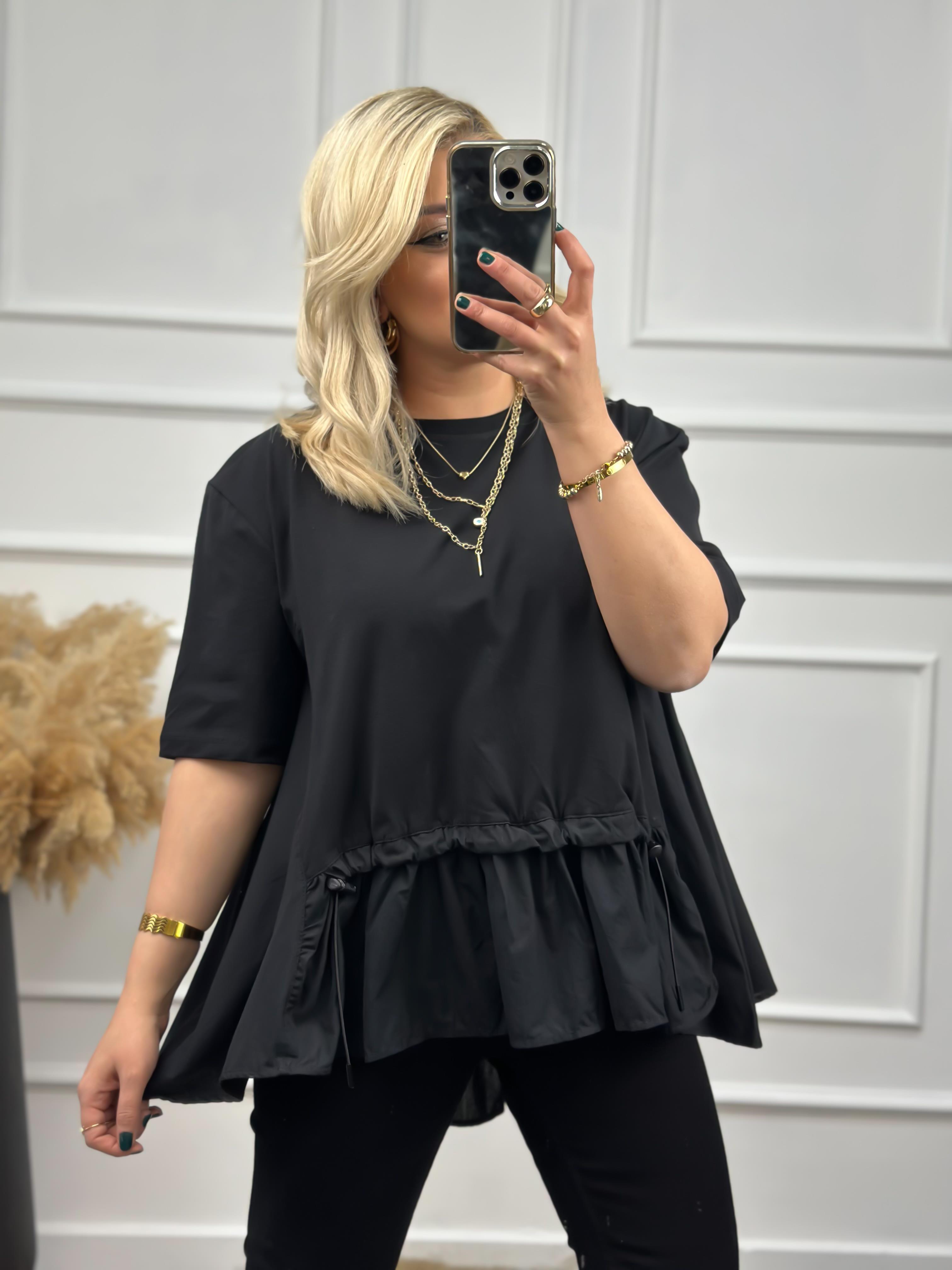 Poplin Detaylı  Belli Lastikli Tshirt SİYAH-23YUST000007