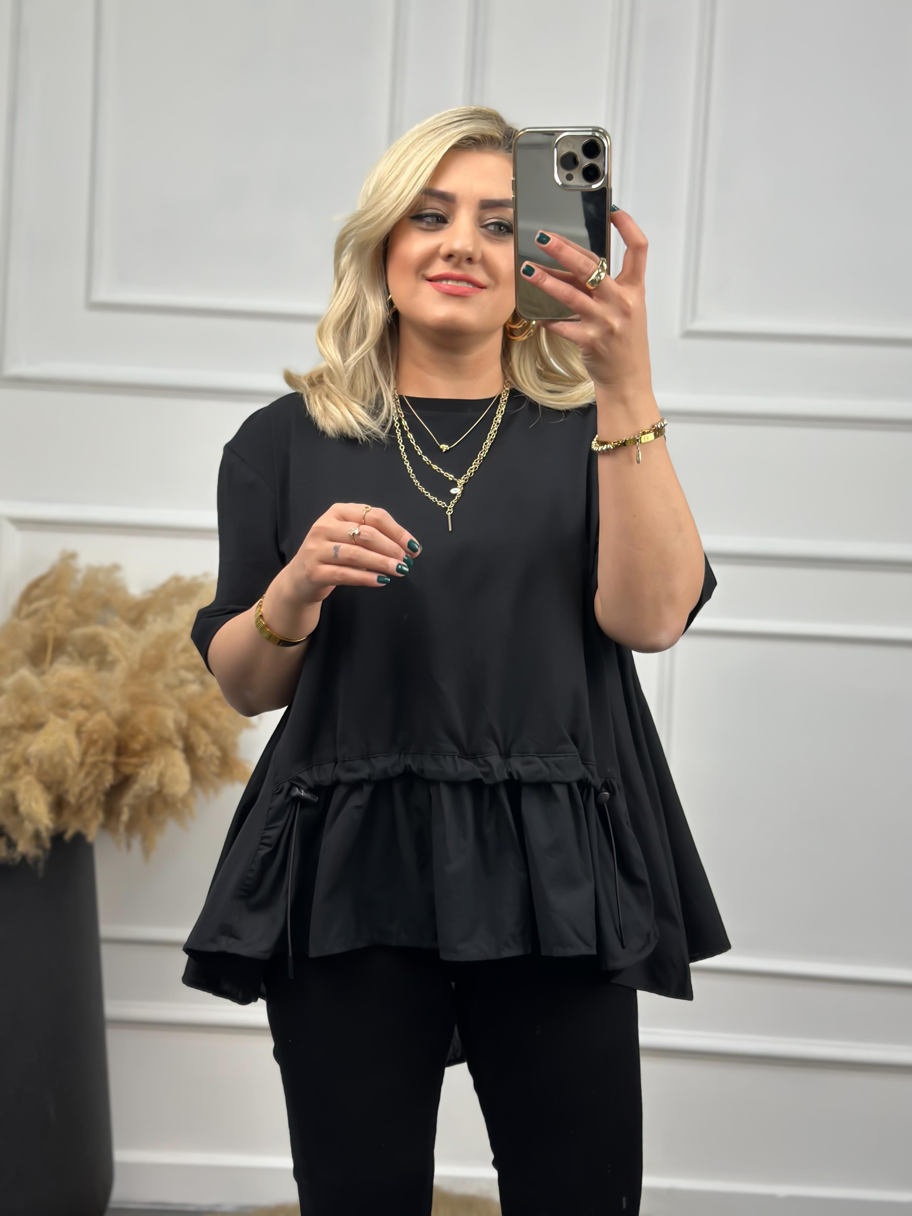 Poplin Detaylı  Belli Lastikli Tshirt SİYAH-23YUST000007