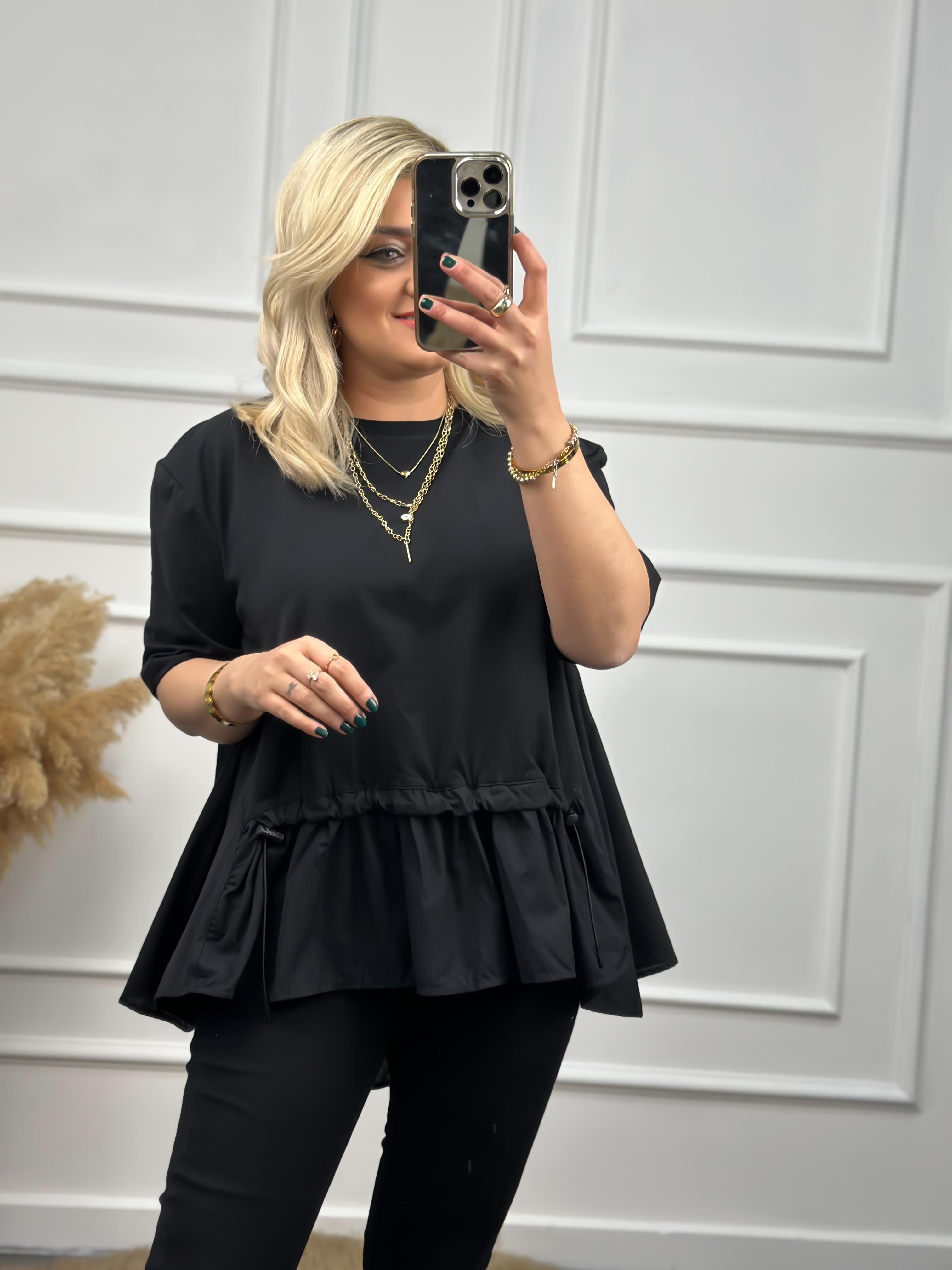 Poplin Detaylı  Belli Lastikli Tshirt SİYAH-23YUST000007