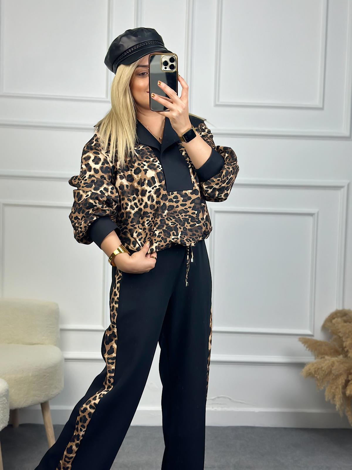 Poplin Garnili Leopar Şertli Eşofman Takım SİYAH-23KUST000094