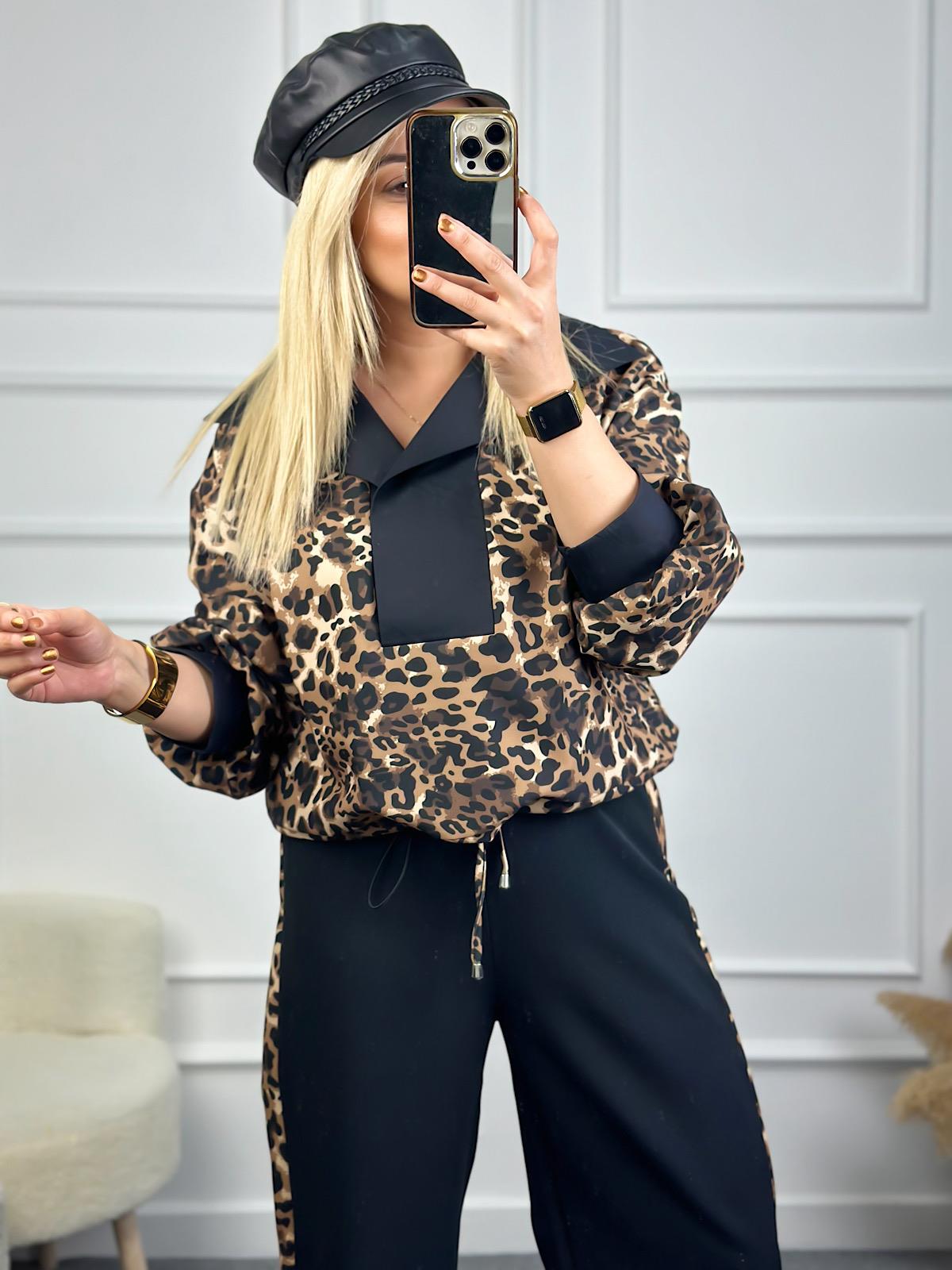 Poplin Garnili Leopar Şertli Eşofman Takım SİYAH-23KUST000094