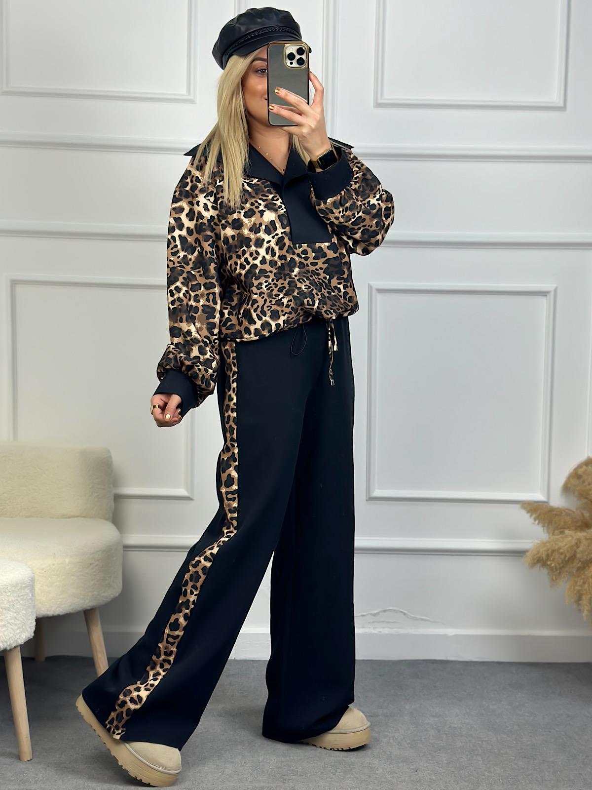 Poplin Garnili Leopar Şertli Eşofman Takım SİYAH-23KUST000094