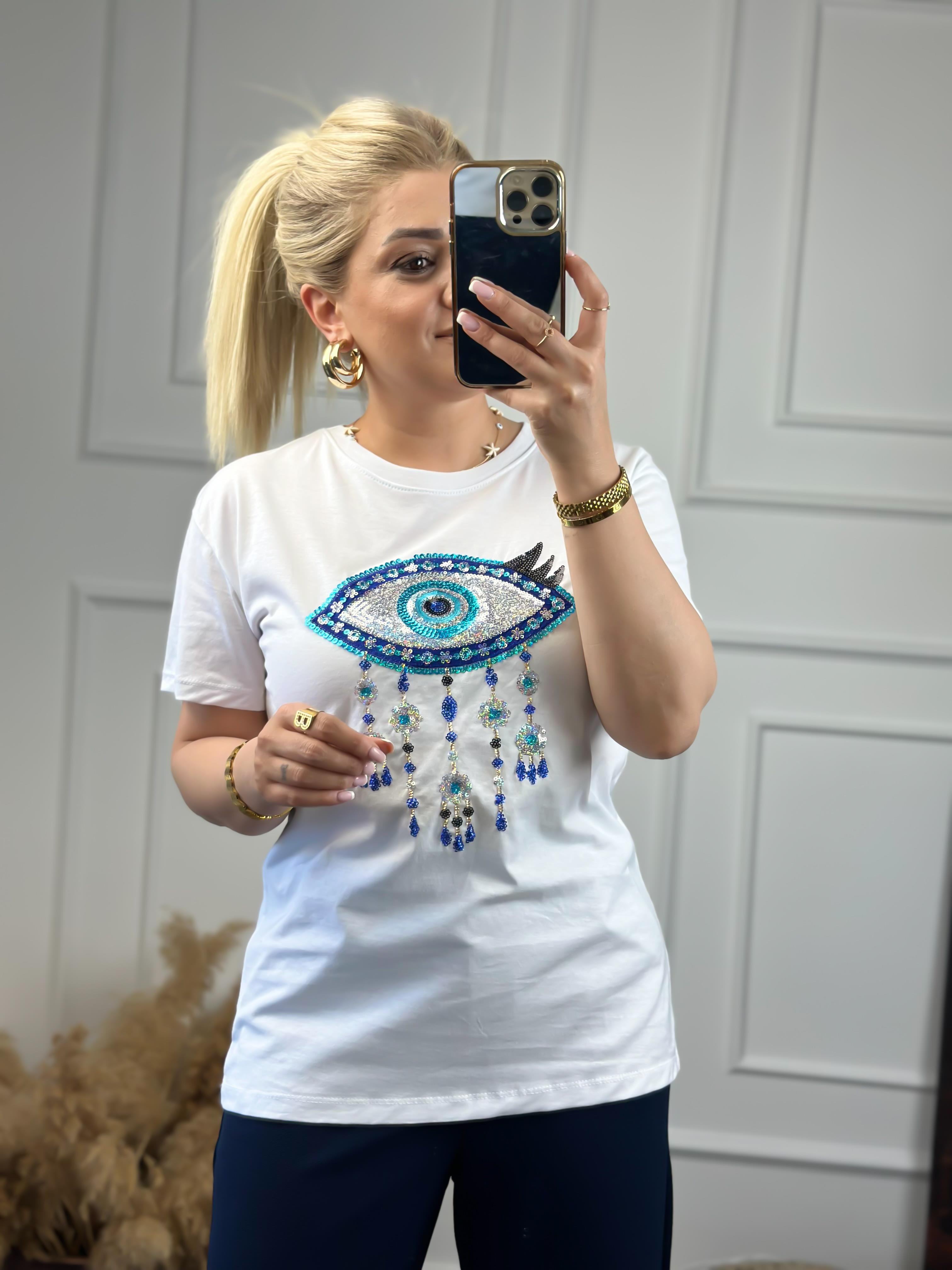 Pullu Göz Detaylı Tshirt BEYAZ-23YUST000074