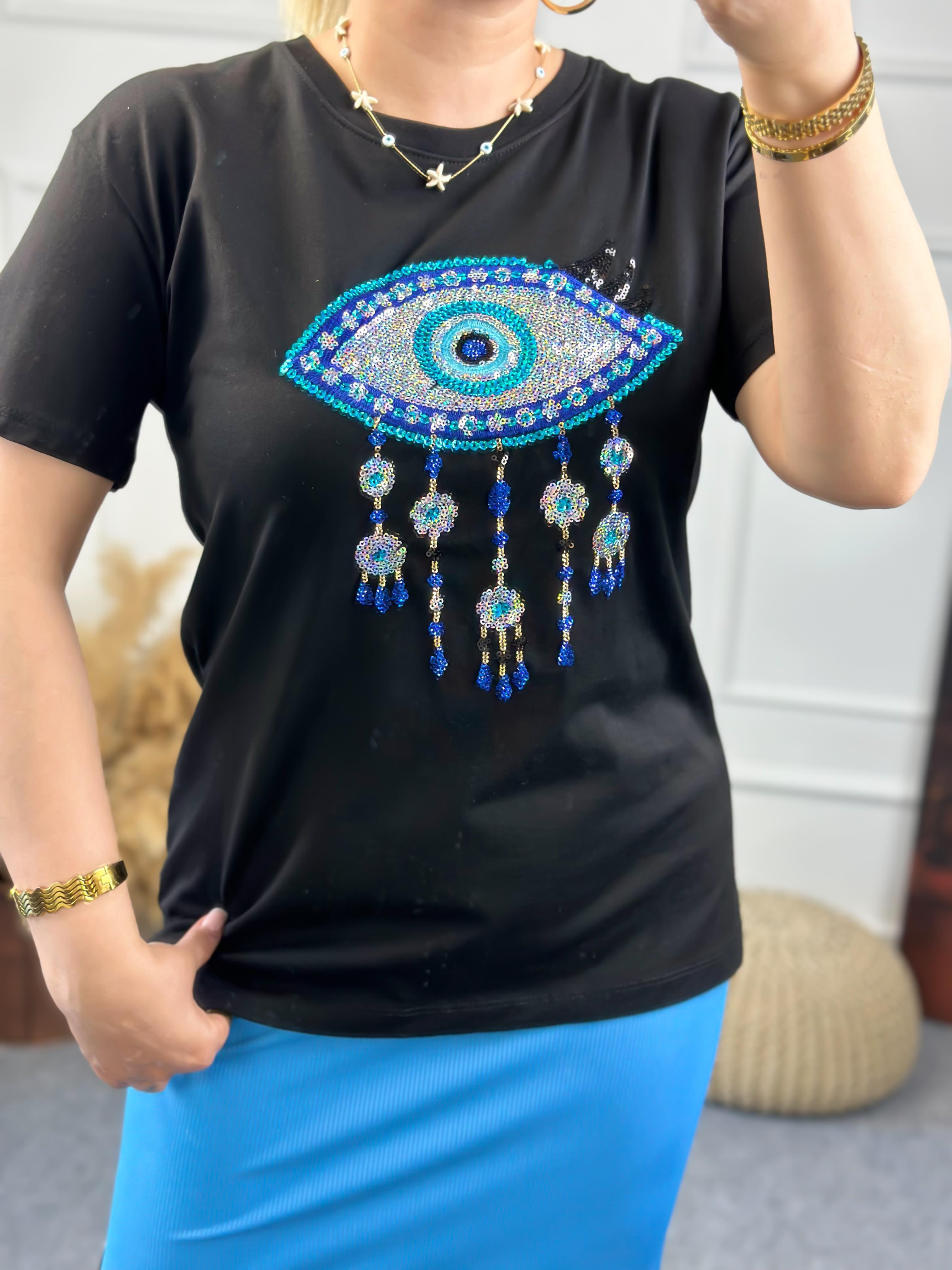 Pullu Göz Detaylı Tshirt SİYAH-23YUST000074
