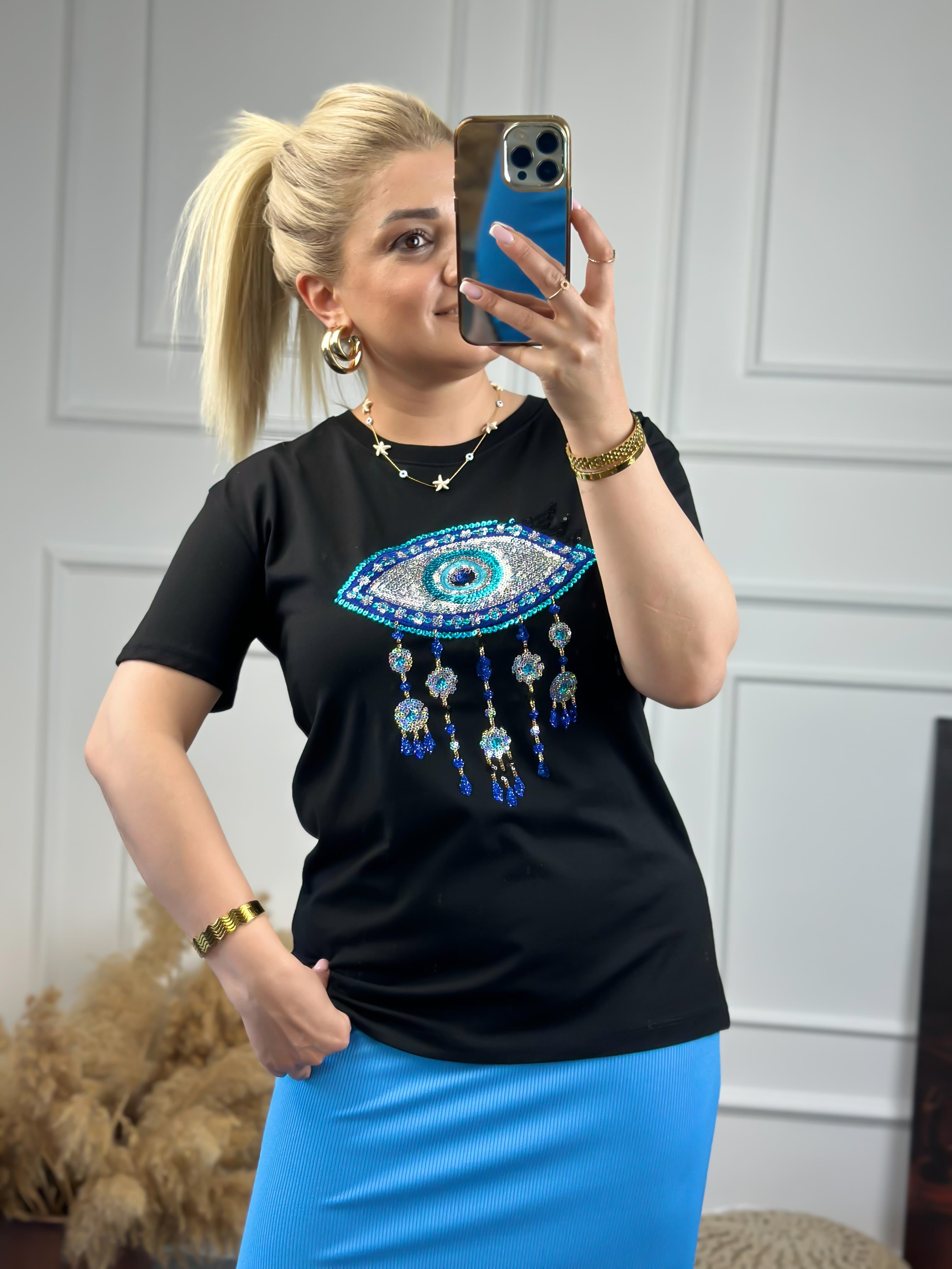 Pullu Göz Detaylı Tshirt SİYAH-23YUST000074