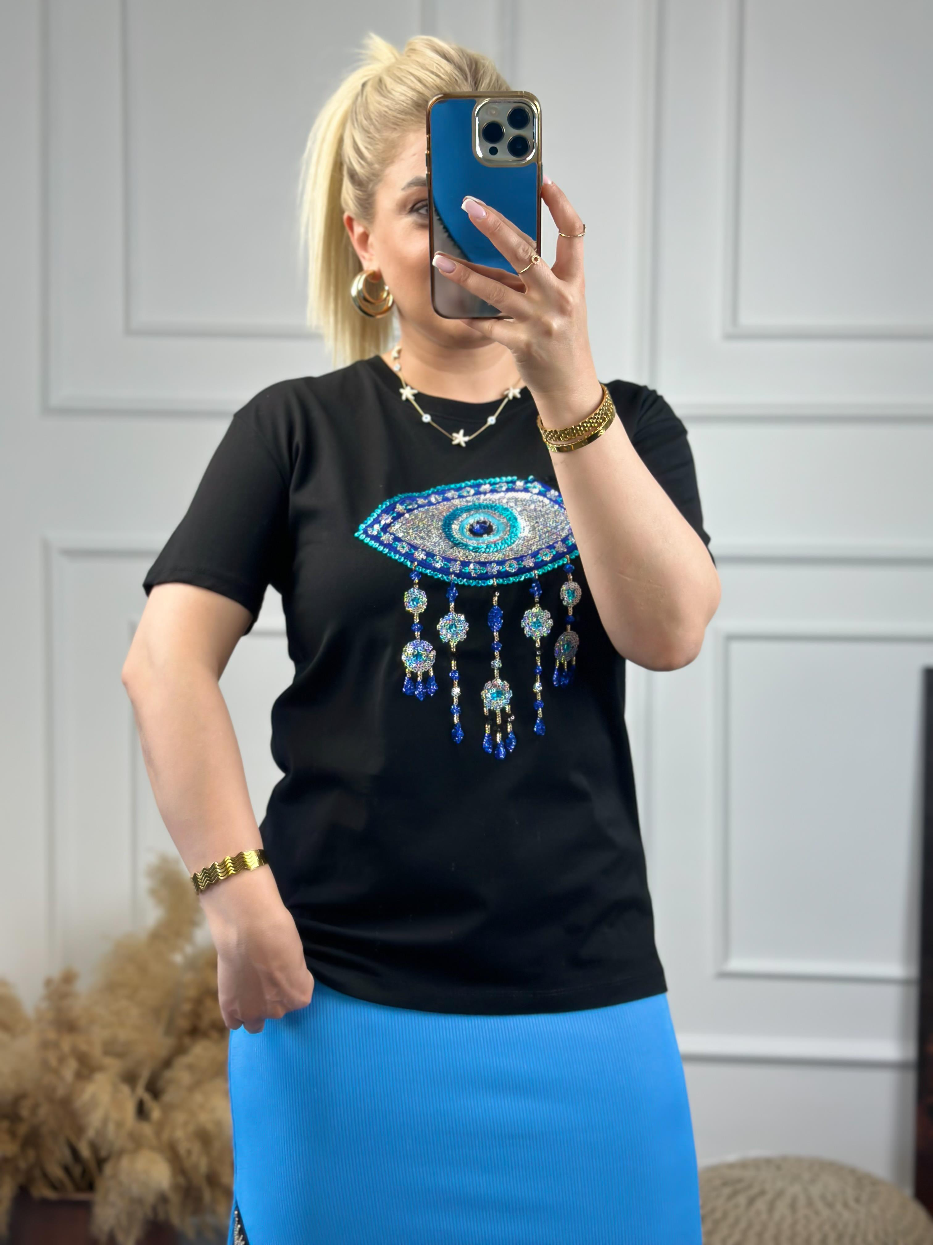Pullu Göz Detaylı Tshirt SİYAH-23YUST000074