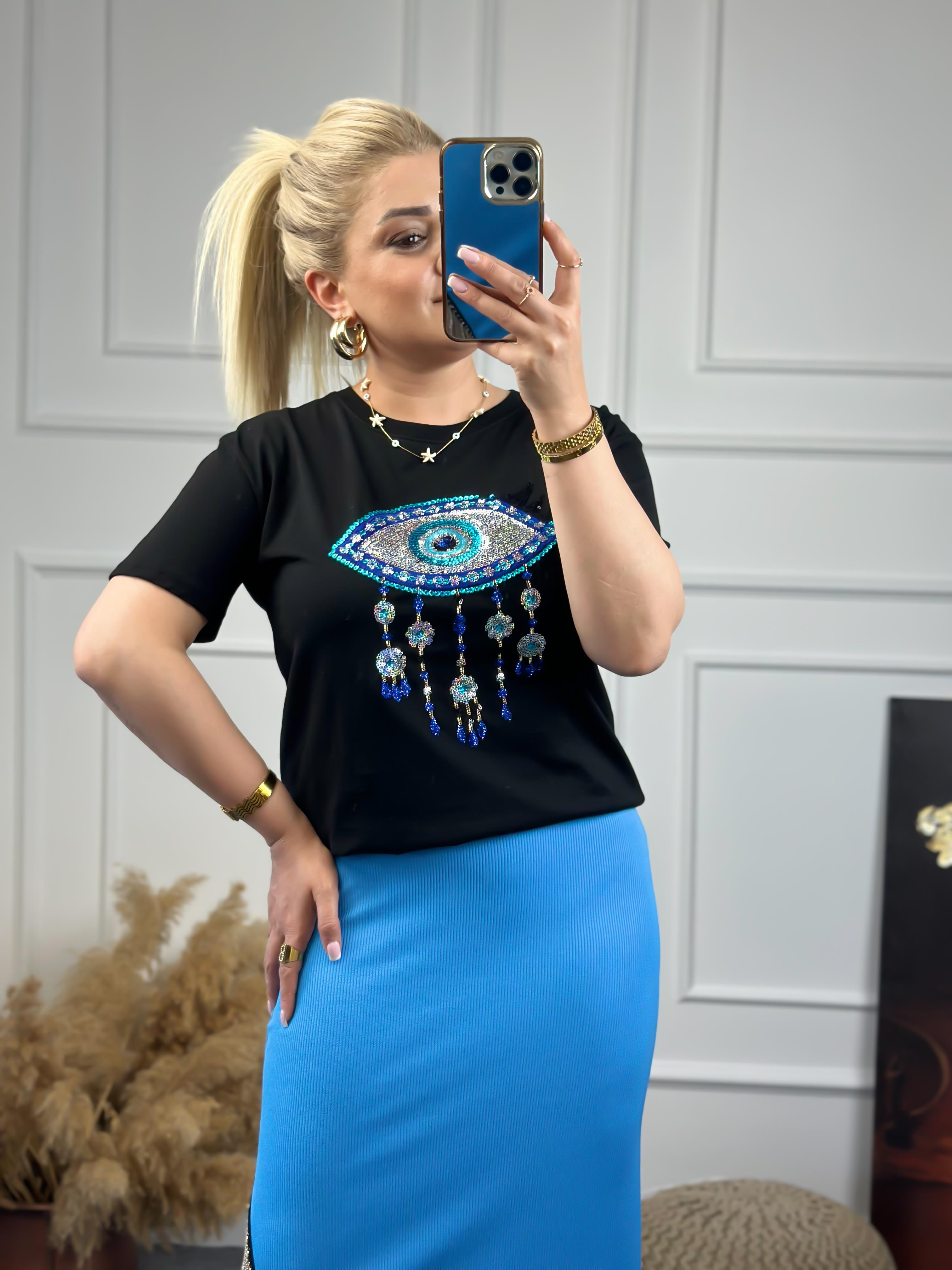 Pullu Göz Detaylı Tshirt SİYAH-23YUST000074