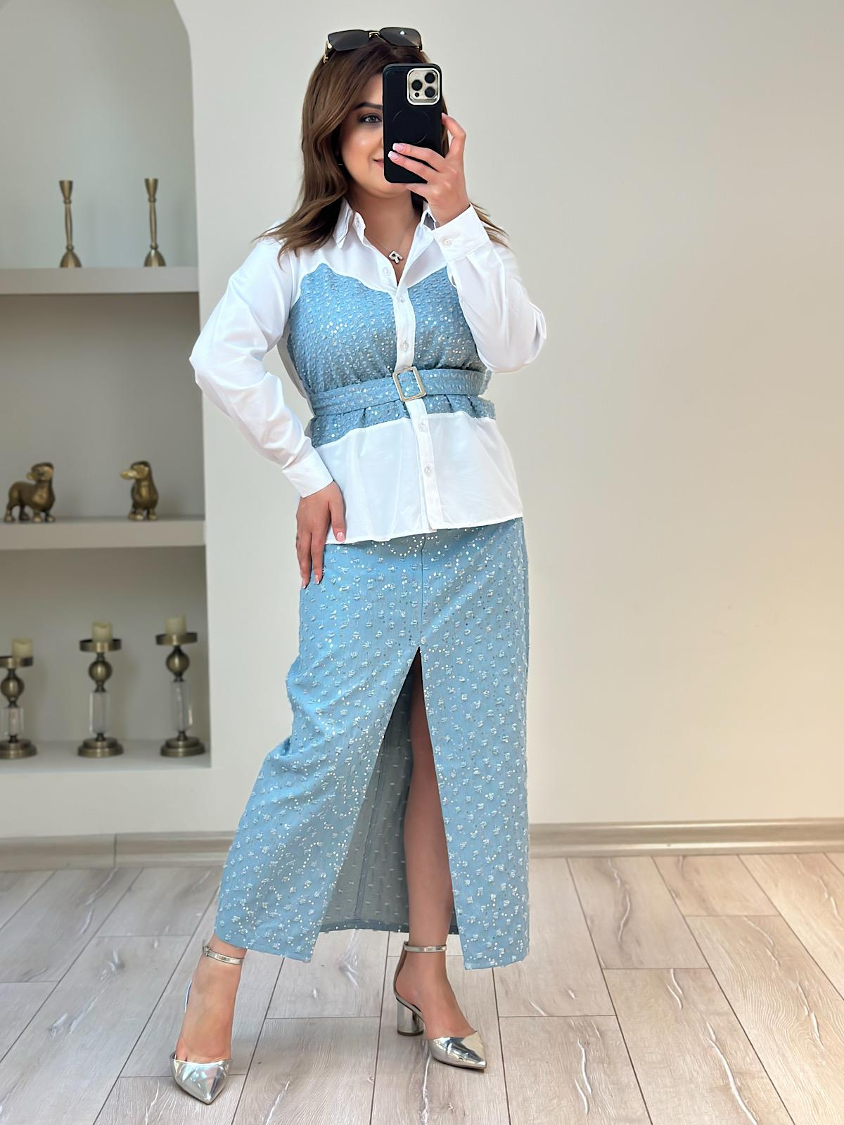 Pullu  Kot Detaylı Gömlek MAVİ-23YUST000161