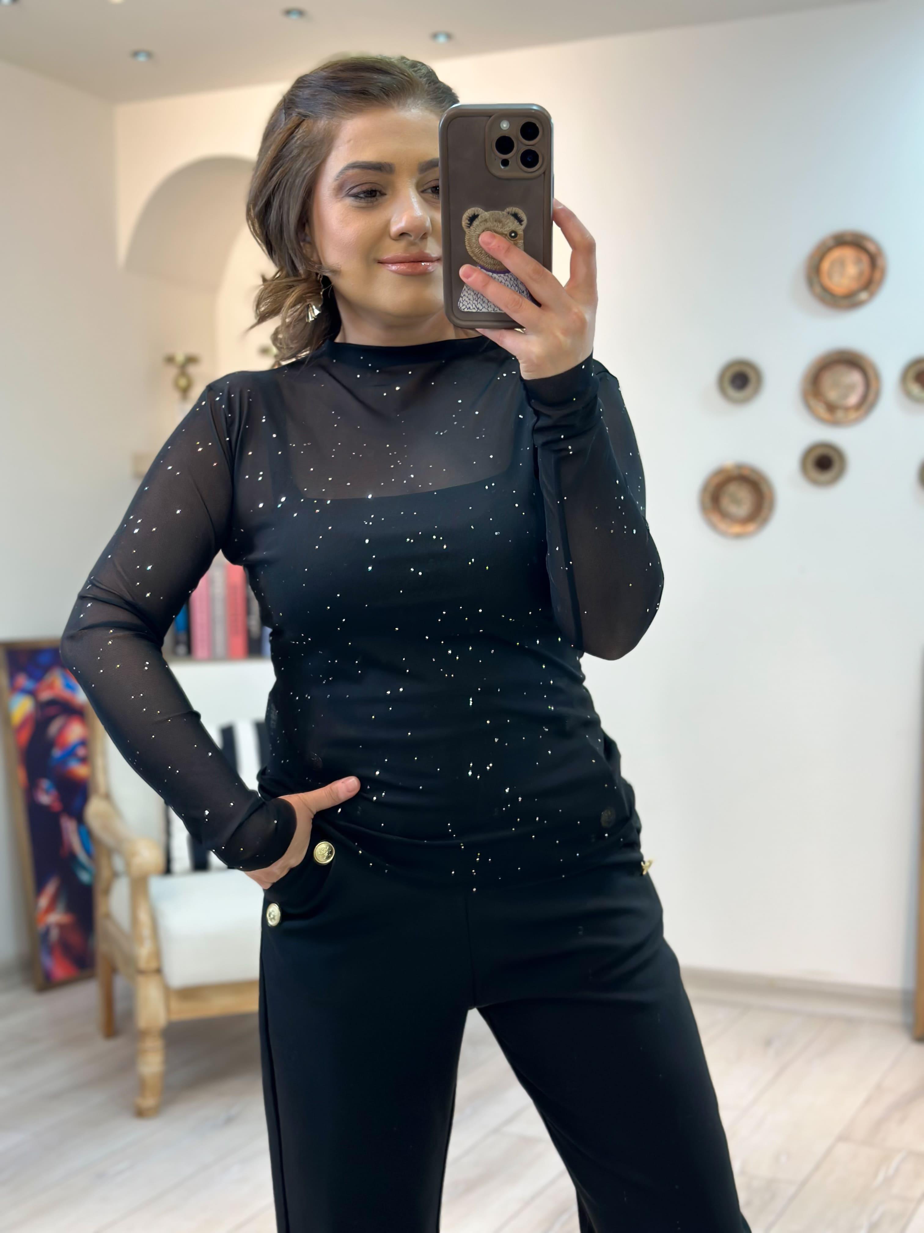 Pullu Transparan Bluz SİYAH-23KUST000126