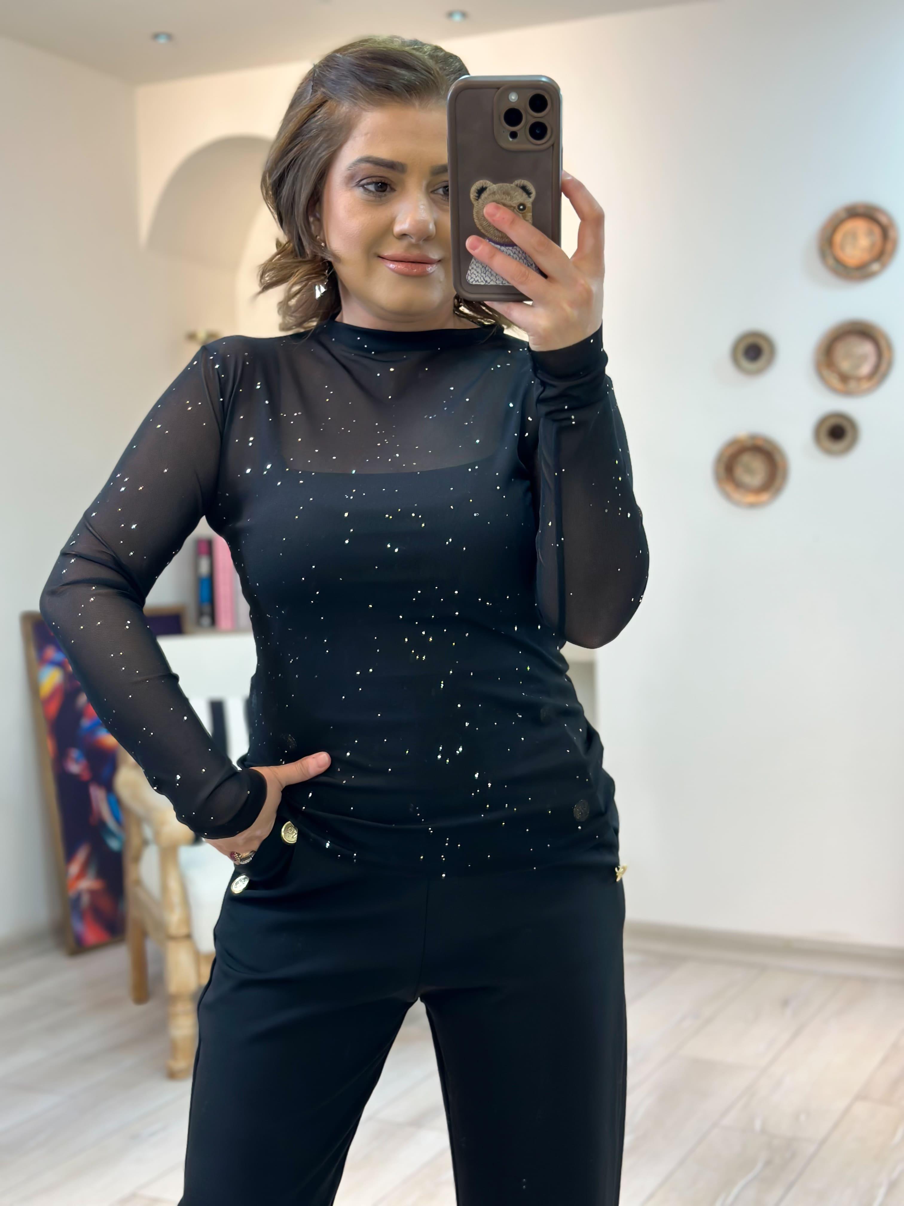 Pullu Transparan Bluz SİYAH-23KUST000126