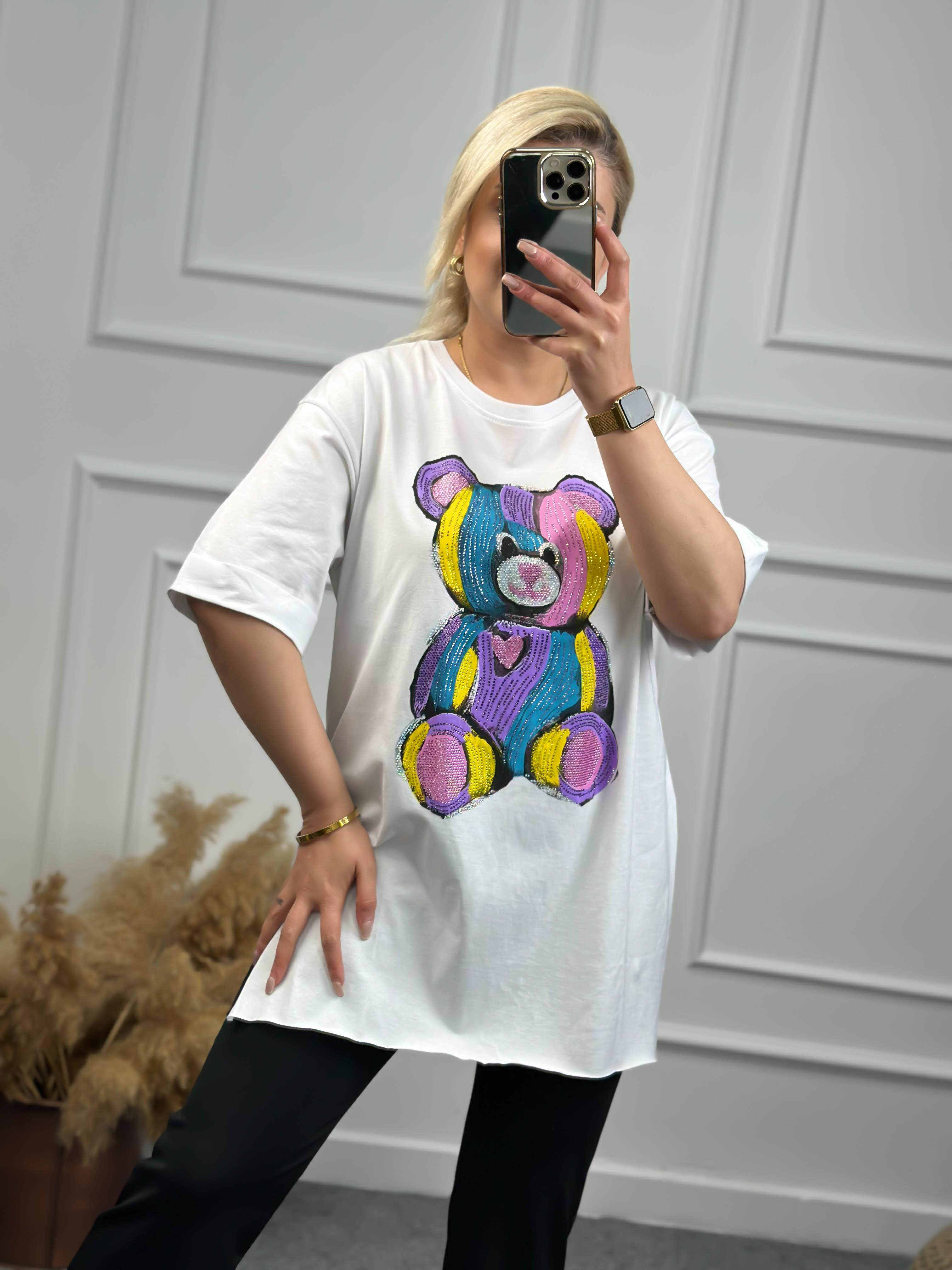 Renkli Ayılı Tshirt BEYAZ-23YUST000070