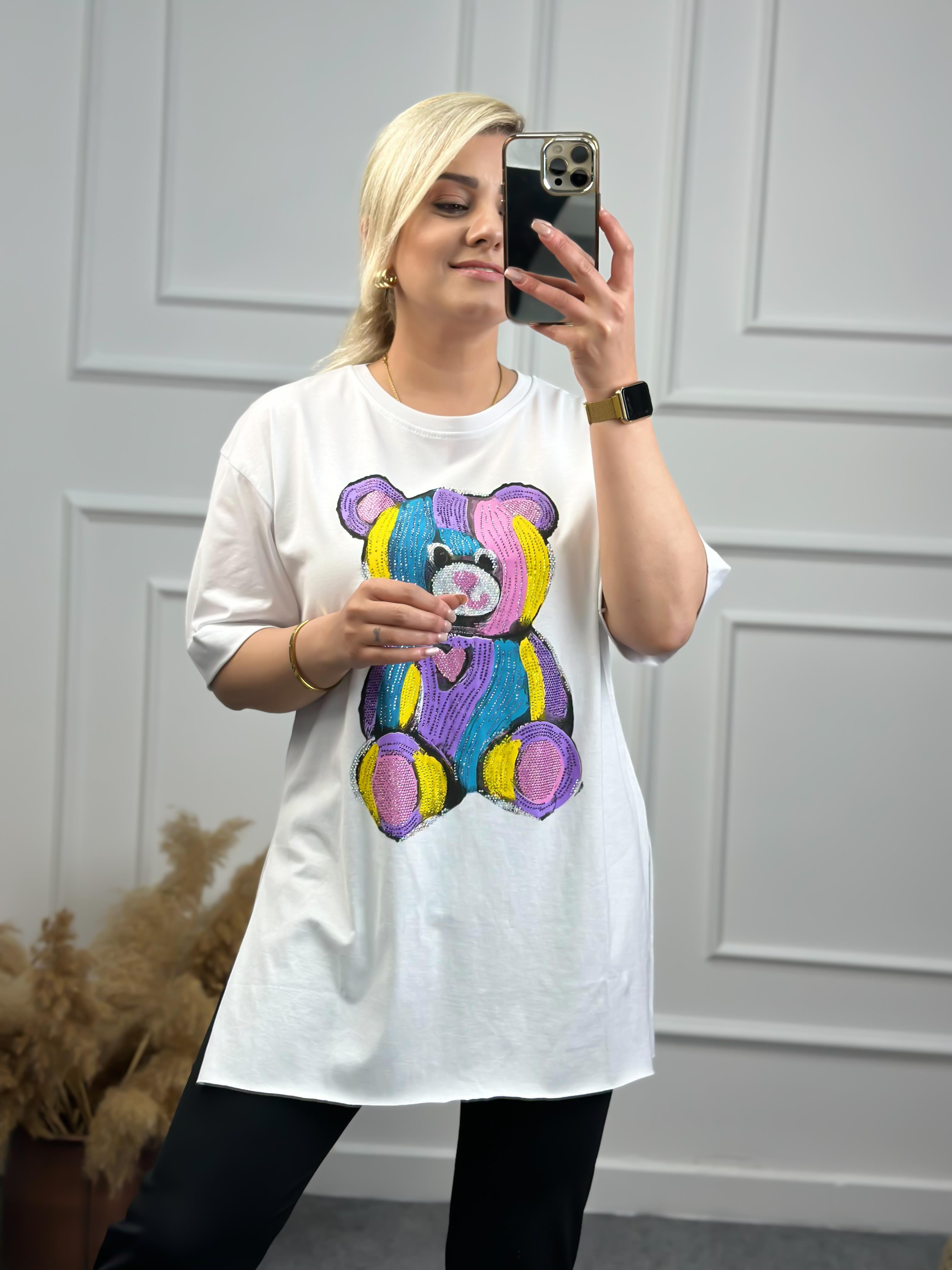 Renkli Ayılı Tshirt BEYAZ-23YUST000070