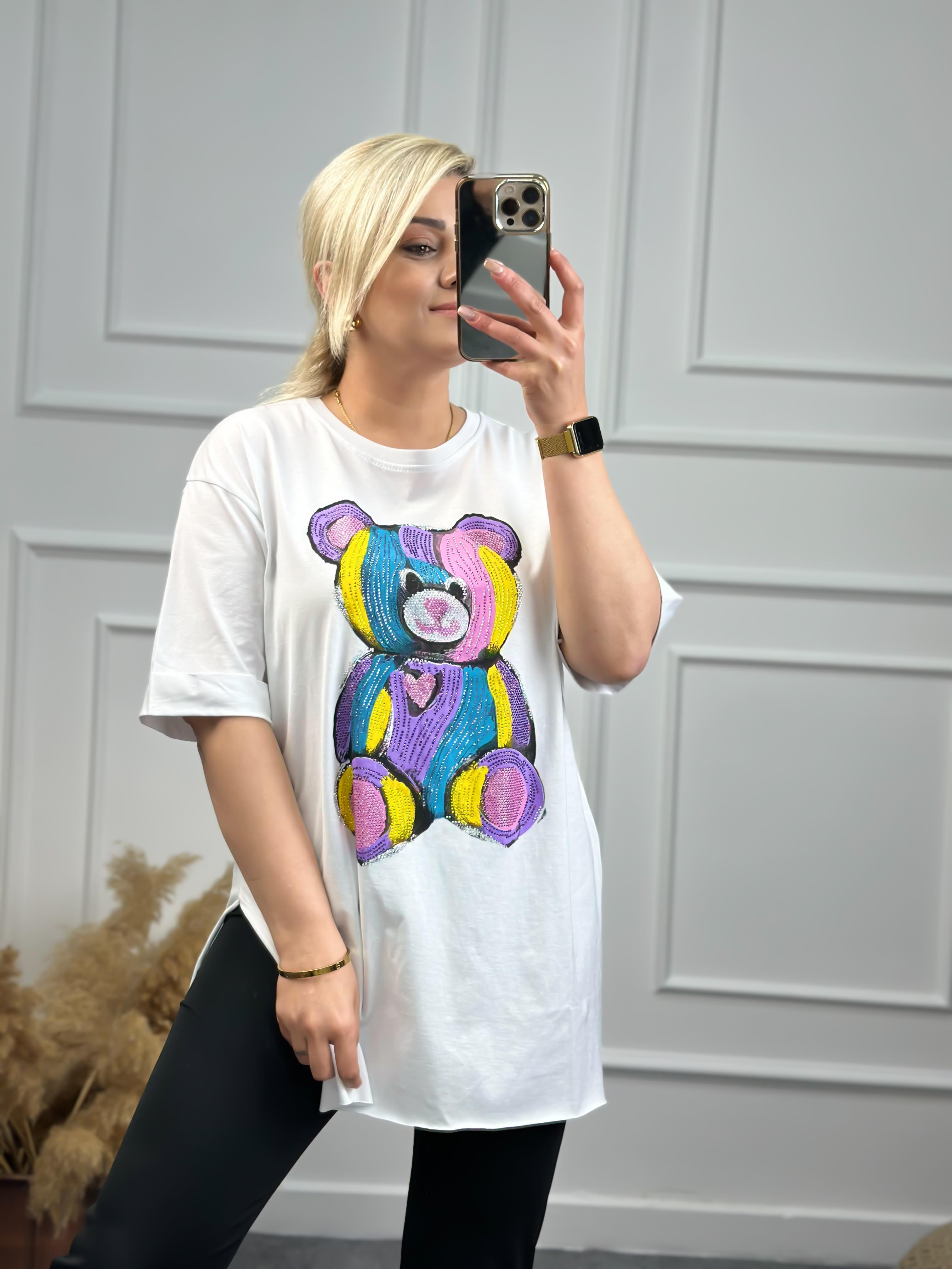 Renkli Ayılı Tshirt BEYAZ-23YUST000070
